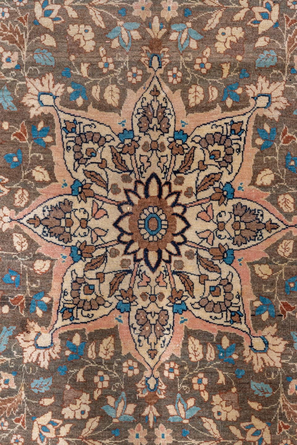 9' x 13' one-of-a-kind handmade vintage Tabriz large size rug. Color palette: taupe, ivory, sky blue, navy, beige, brown