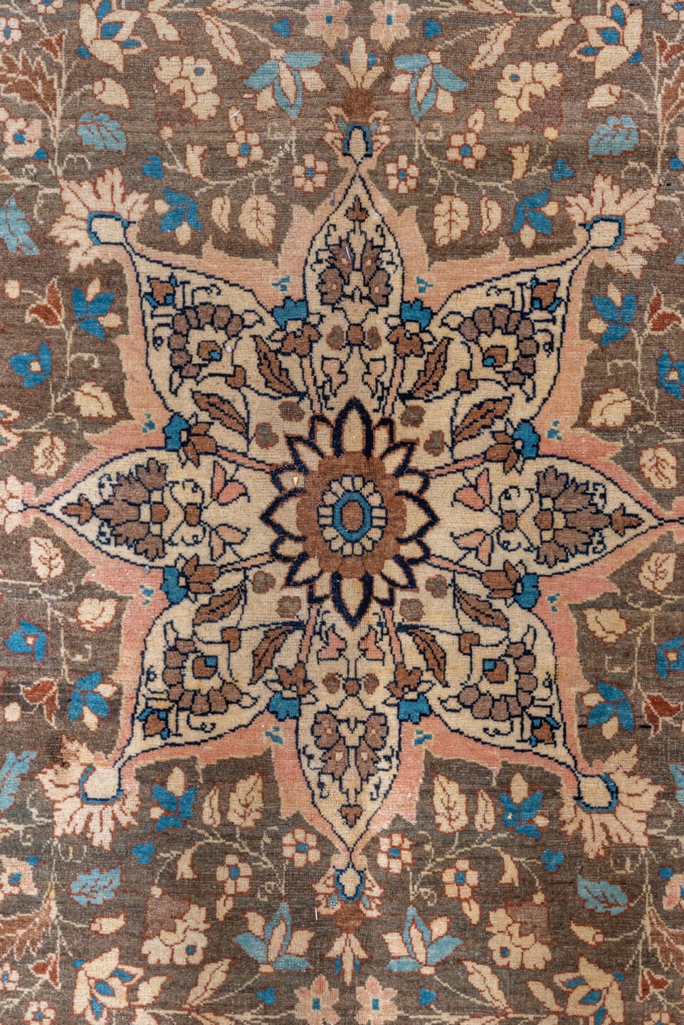 9' x 13' one-of-a-kind handmade vintage Tabriz large size rug. Color palette: taupe, ivory, sky blue, navy, beige, brown