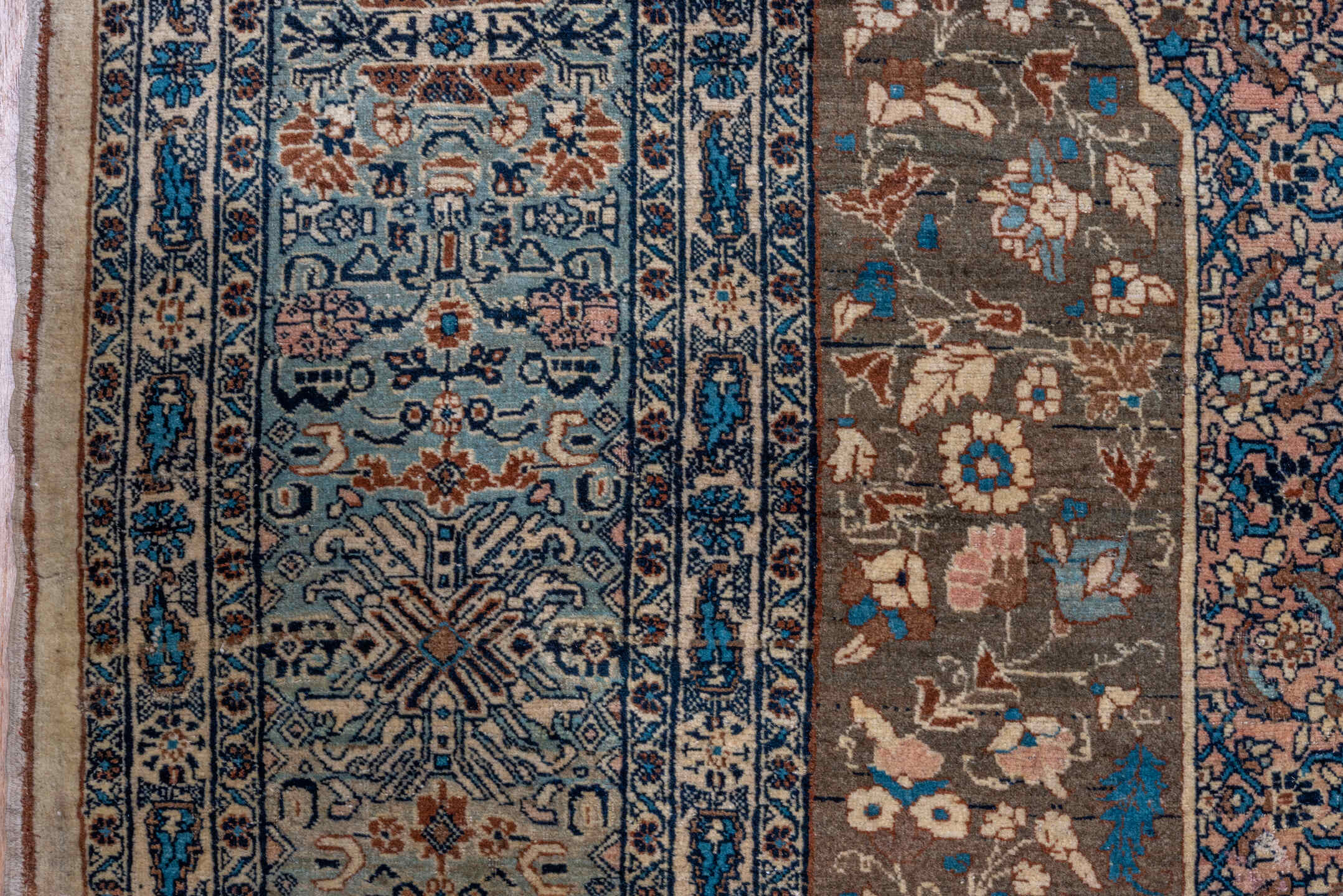 9' x 13' one-of-a-kind handmade vintage Tabriz large size rug. Color palette: taupe, ivory, sky blue, navy, beige, brown