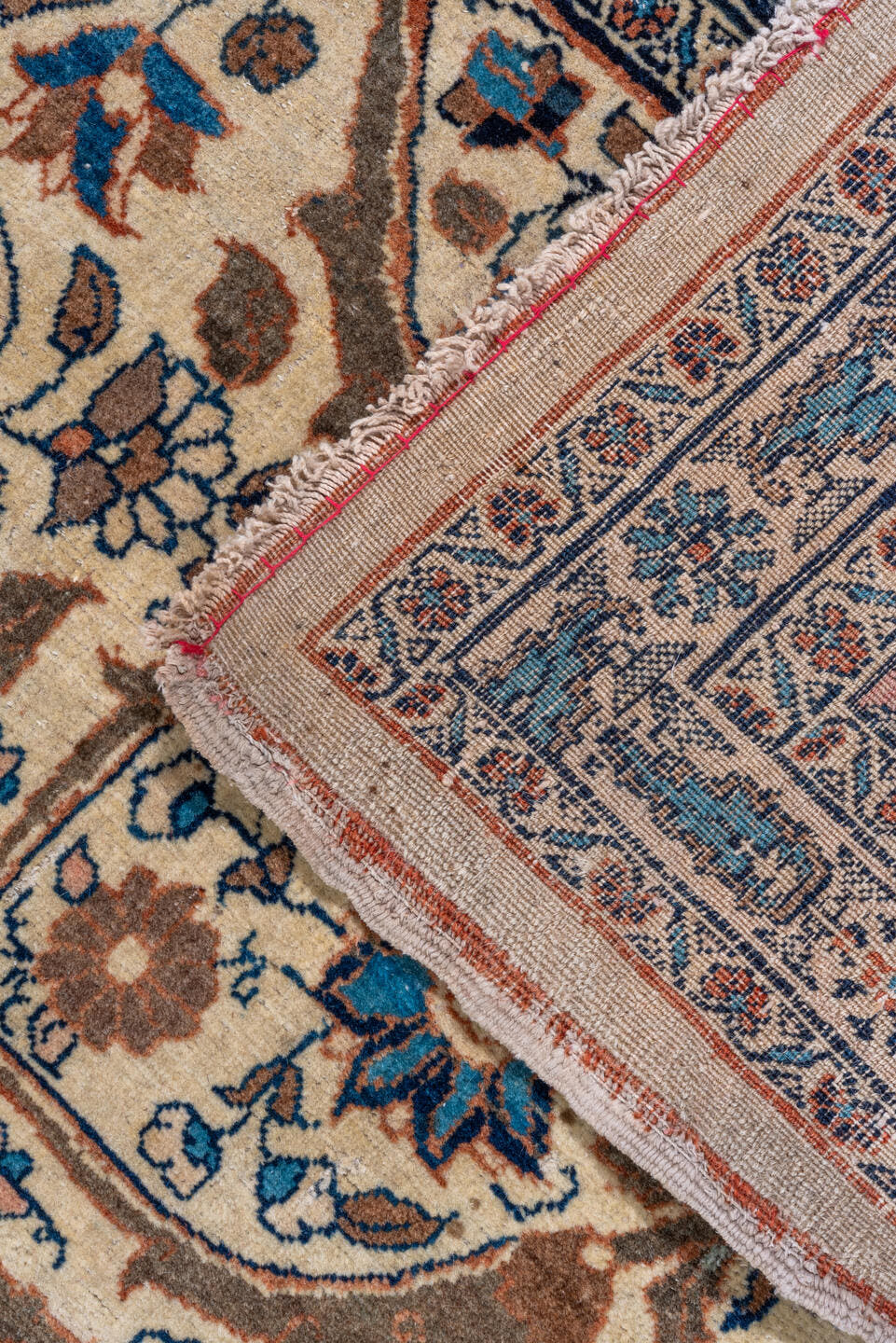 9' x 13' one-of-a-kind handmade vintage Tabriz large size rug. Color palette: taupe, ivory, sky blue, navy, beige, brown