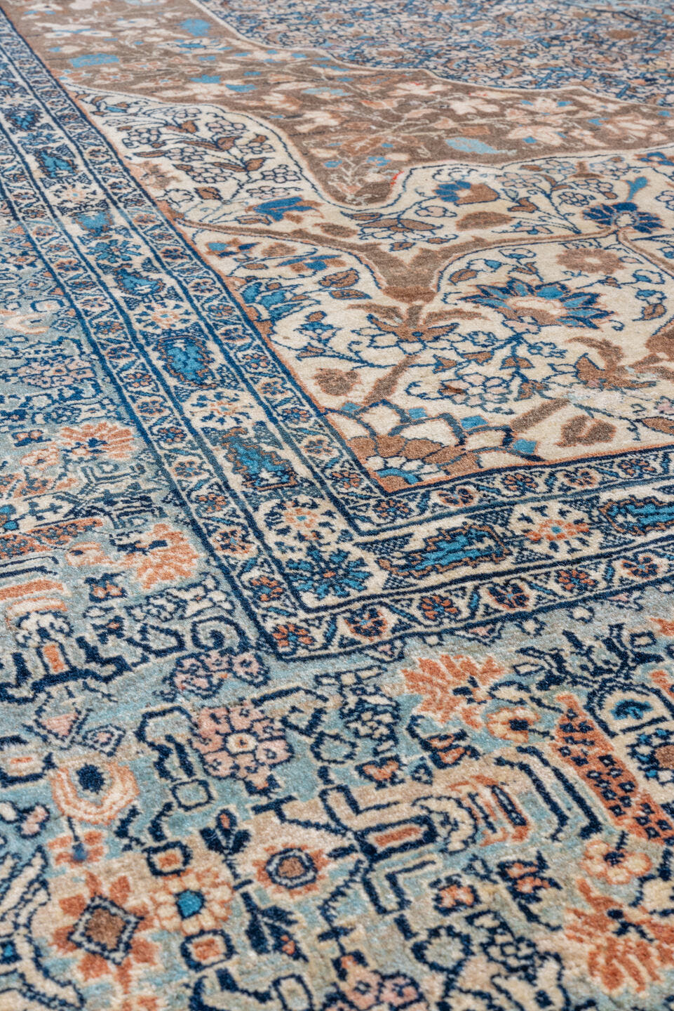 9' x 13' one-of-a-kind handmade vintage Tabriz large size rug. Color palette: taupe, ivory, sky blue, navy, beige, brown