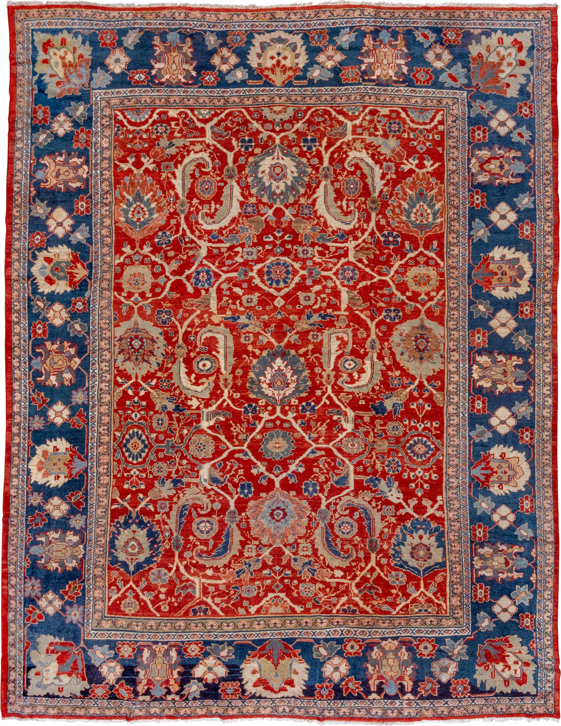 11' x 14' one-of-a-kind handmade vintage Sultanabad oversize rug. Color palette: rust, navy, ivory, slate, camel, crimson