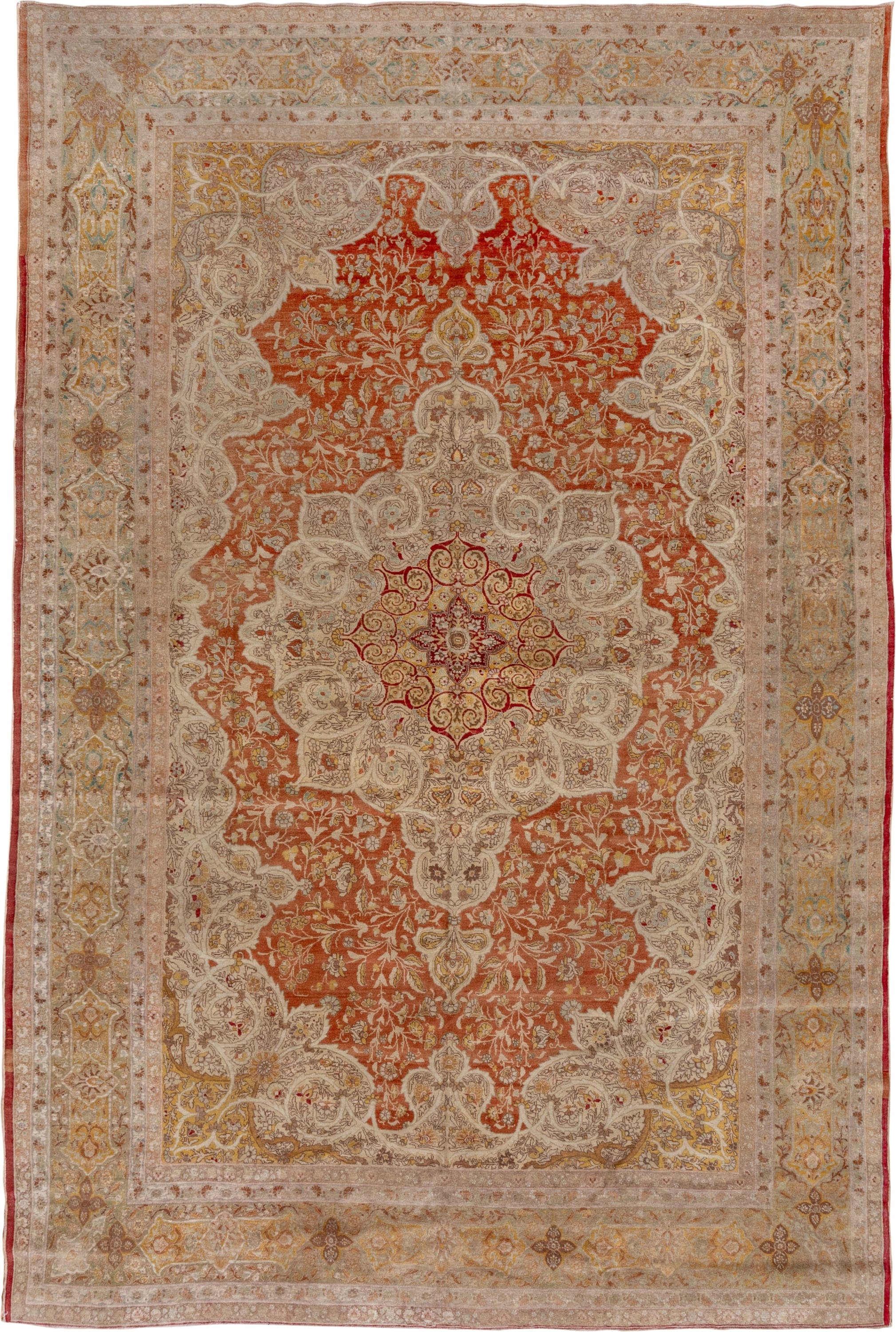 8' x 12' one-of-a-kind handmade vintage Tabriz large size rug. Color palette: ivory, terra cotta, beige, gold, sage, rose