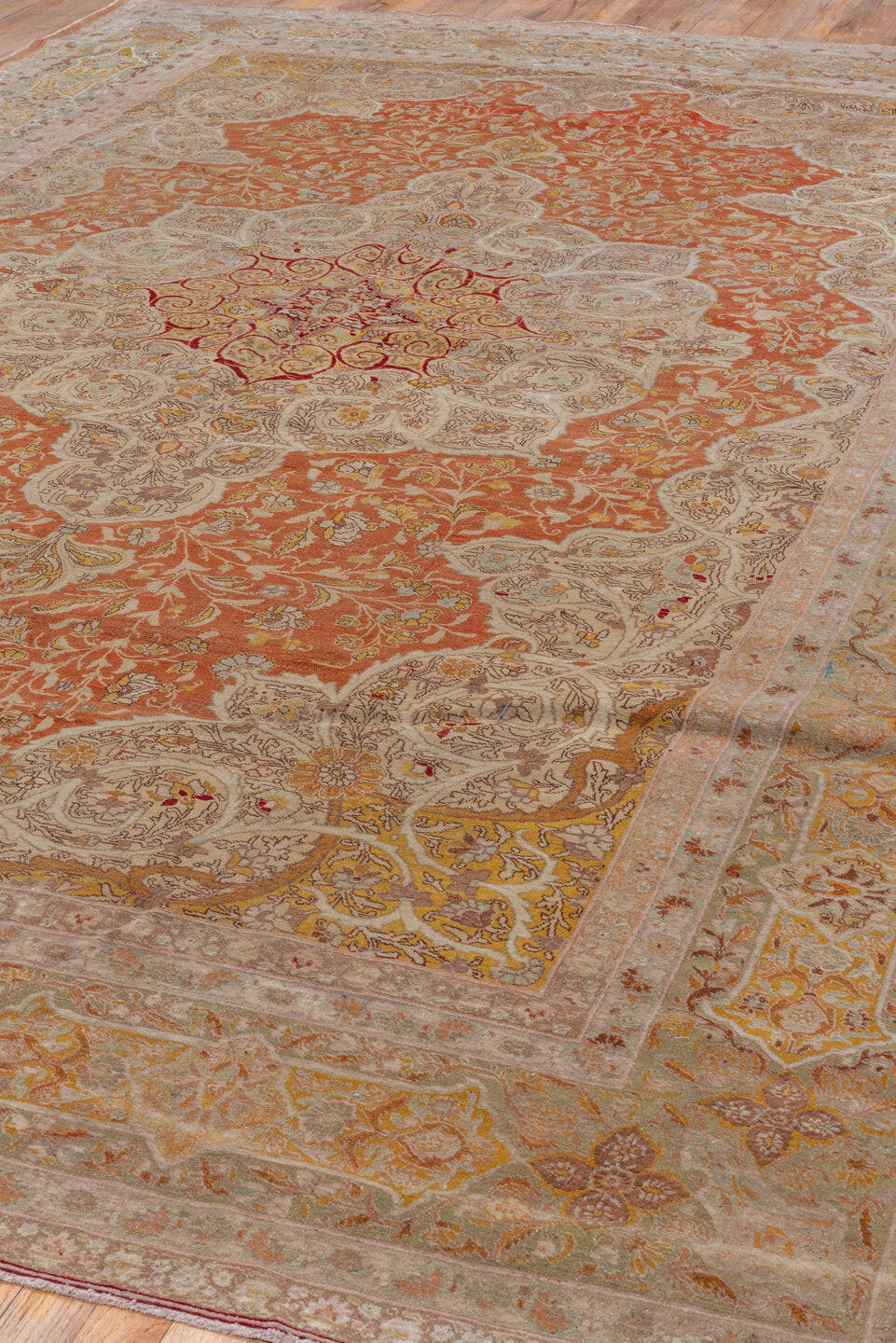 8' x 12' one-of-a-kind handmade vintage Tabriz large size rug. Color palette: ivory, terra cotta, beige, gold, sage, rose
