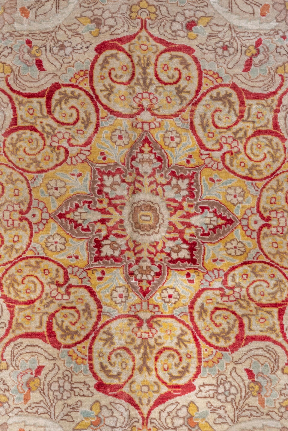 8' x 12' one-of-a-kind handmade vintage Tabriz large size rug. Color palette: ivory, terra cotta, beige, gold, sage, rose