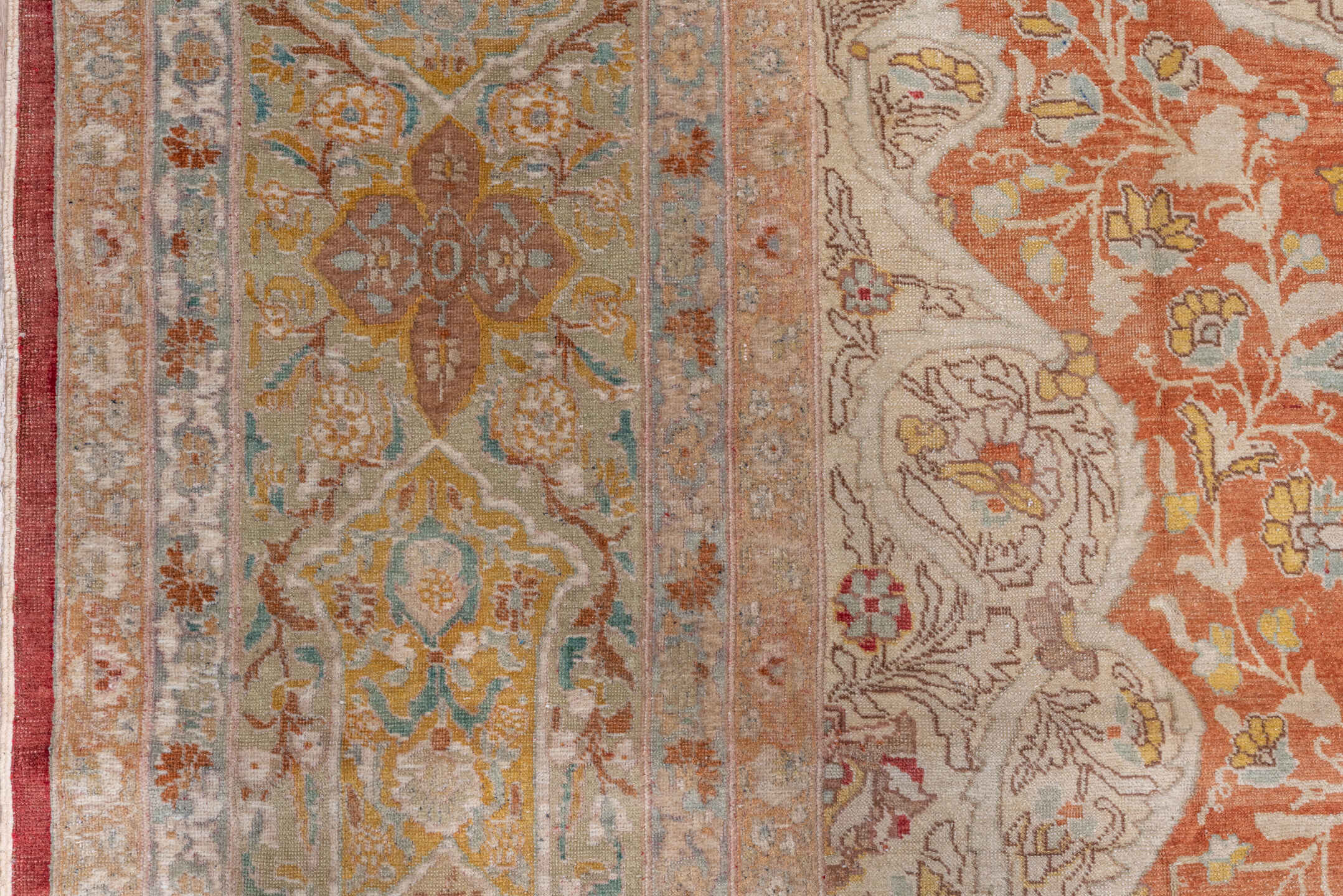 8' x 12' one-of-a-kind handmade vintage Tabriz large size rug. Color palette: ivory, terra cotta, beige, gold, sage, rose