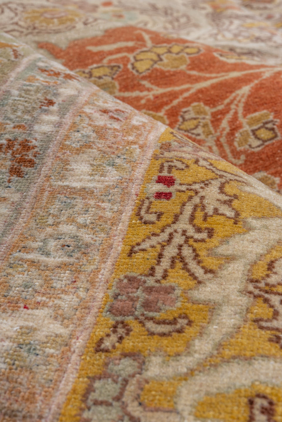 8' x 12' one-of-a-kind handmade vintage Tabriz large size rug. Color palette: ivory, terra cotta, beige, gold, sage, rose