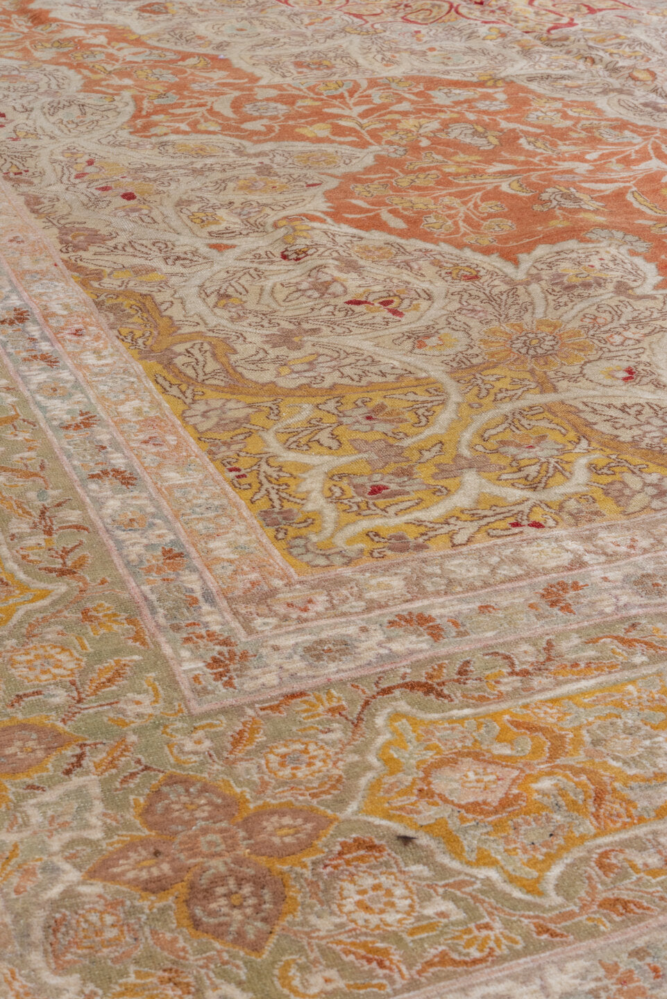 8' x 12' one-of-a-kind handmade vintage Tabriz large size rug. Color palette: ivory, terra cotta, beige, gold, sage, rose