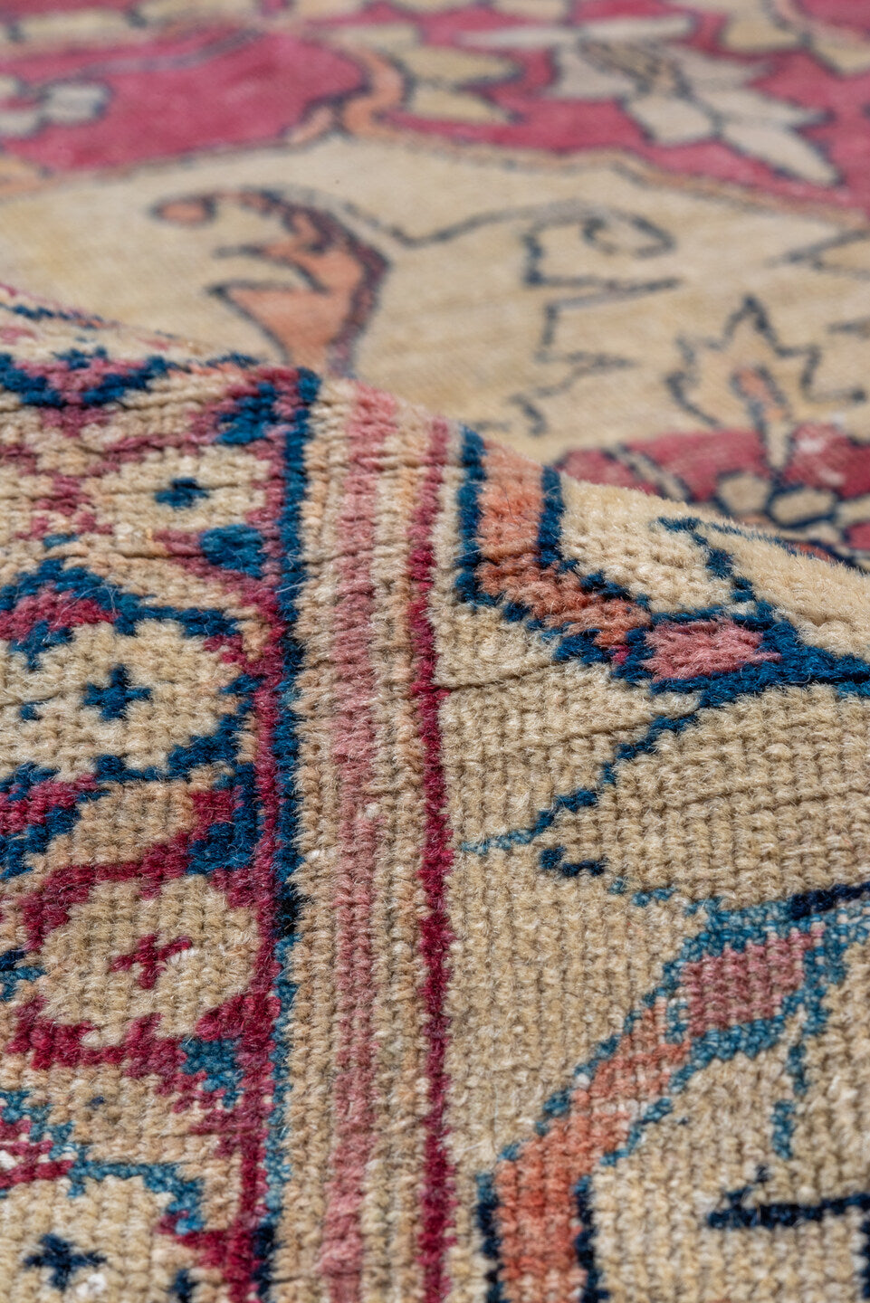 13' x 18' one-of-a-kind handmade vintage Lavar oversize rug. Color palette: ivory, rose, rust, taupe, gold, sage, brown