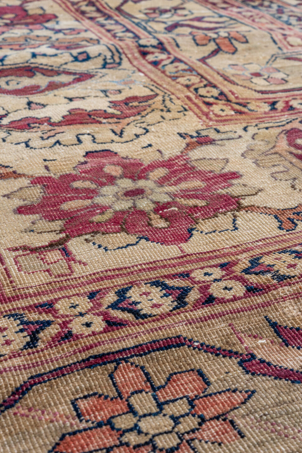 13' x 18' one-of-a-kind handmade vintage Lavar oversize rug. Color palette: ivory, rose, rust, taupe, gold, sage, brown