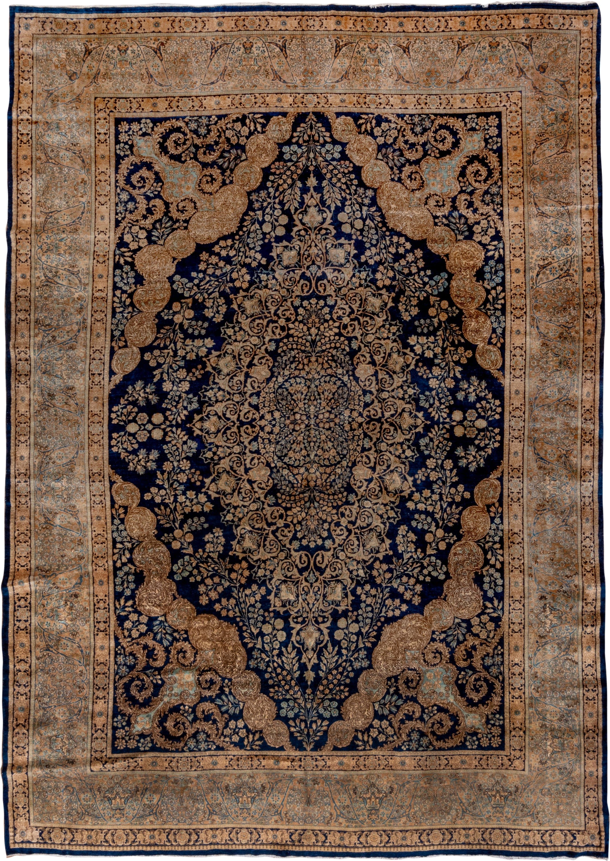 8' x 13' one-of-a-kind handmade vintage Kerman large size rug. Color palette: navy, beige, camel, ivory, light blue, taupe