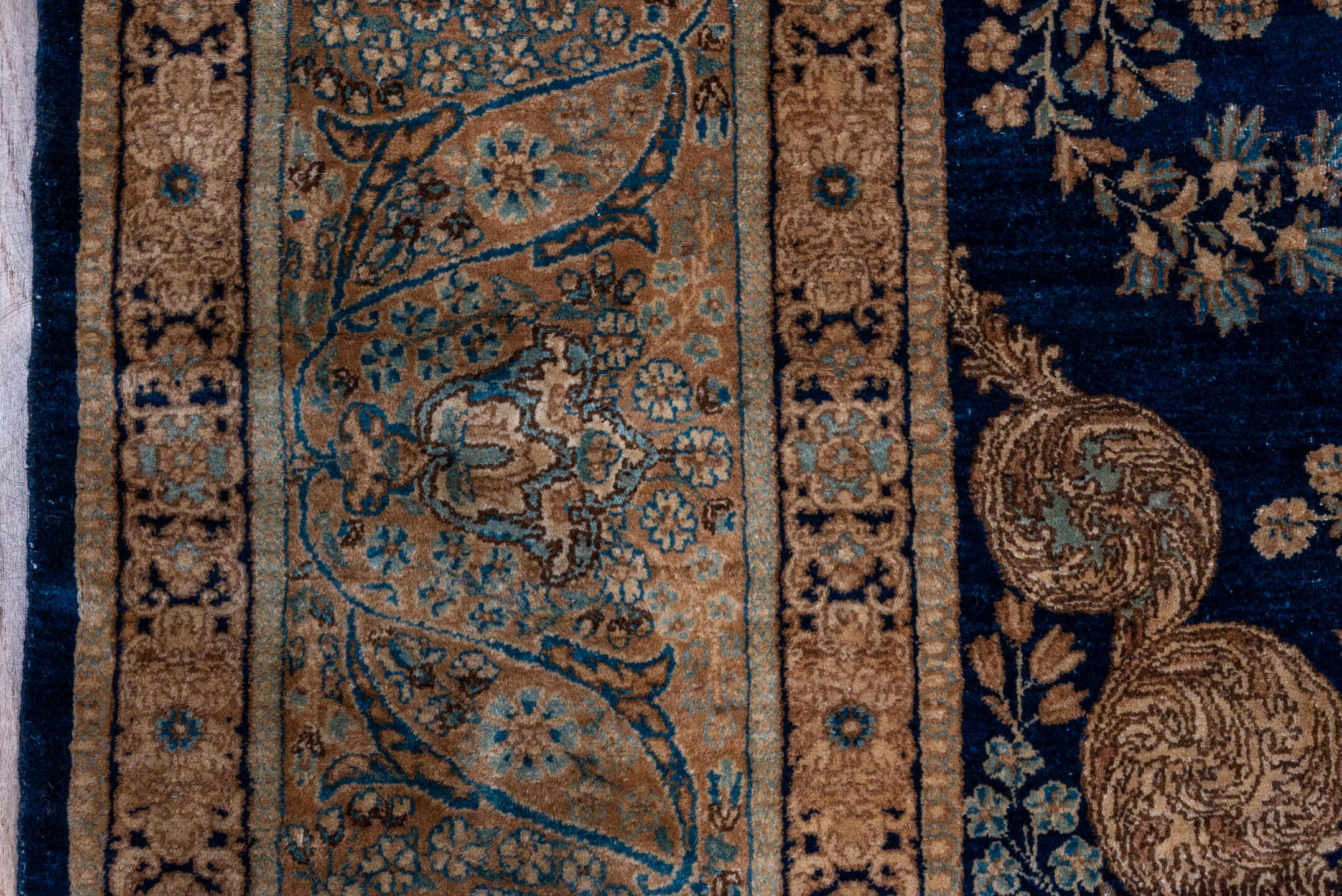 8' x 13' one-of-a-kind handmade vintage Kerman large size rug. Color palette: navy, beige, camel, ivory, light blue, taupe