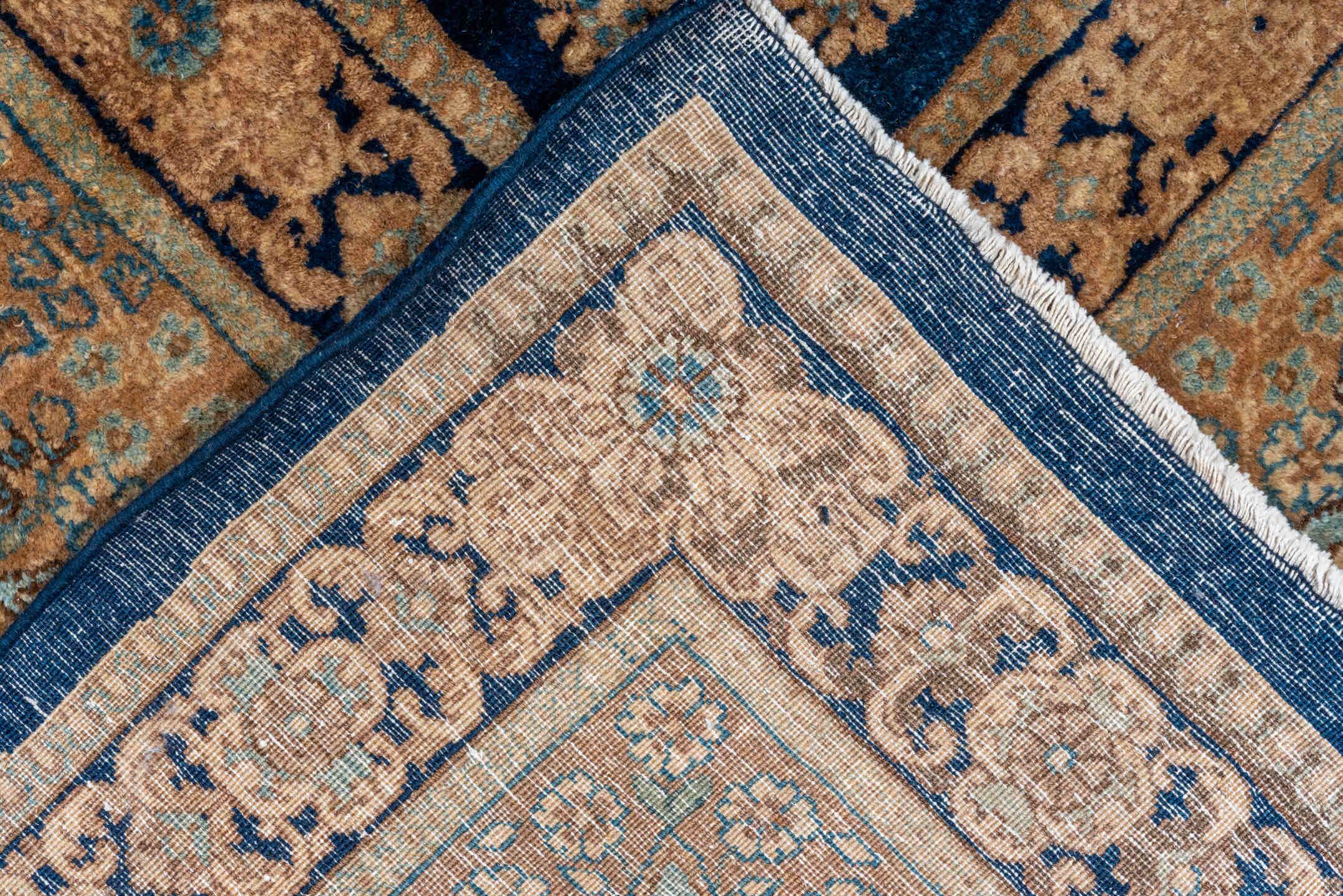 8' x 13' one-of-a-kind handmade vintage Kerman large size rug. Color palette: navy, beige, camel, ivory, light blue, taupe