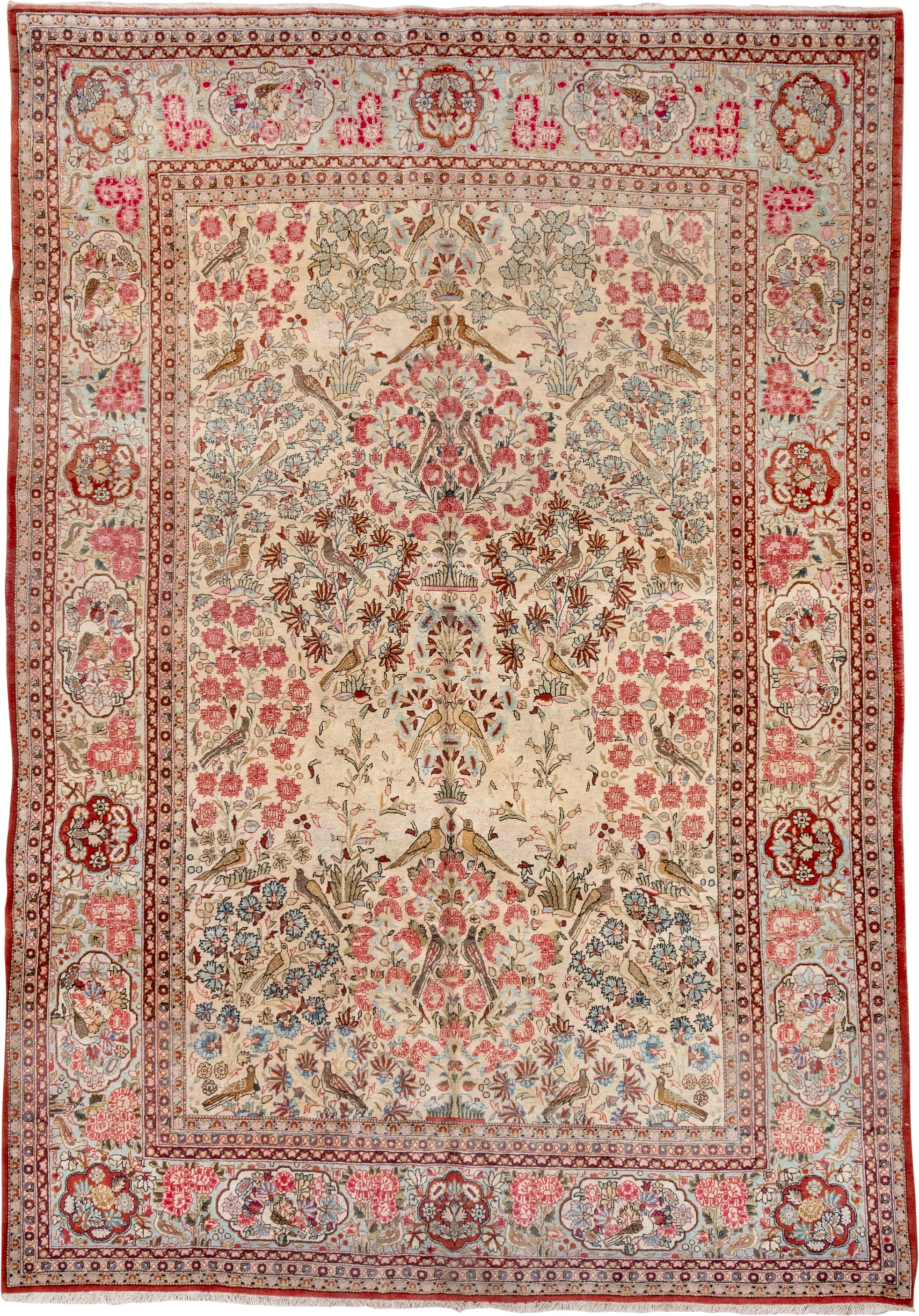 6' x 10' one-of-a-kind handmade vintage large size rug. Color palette: ivory, rose, rust, light blue, taupe, brown, crimson