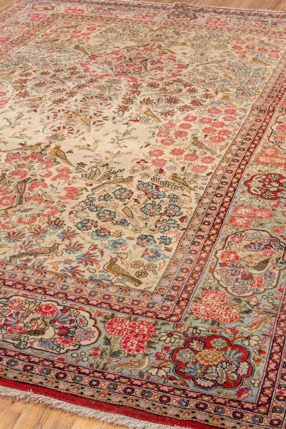 6' x 10' one-of-a-kind handmade vintage large size rug. Color palette: ivory, rose, rust, light blue, taupe, brown, crimson
