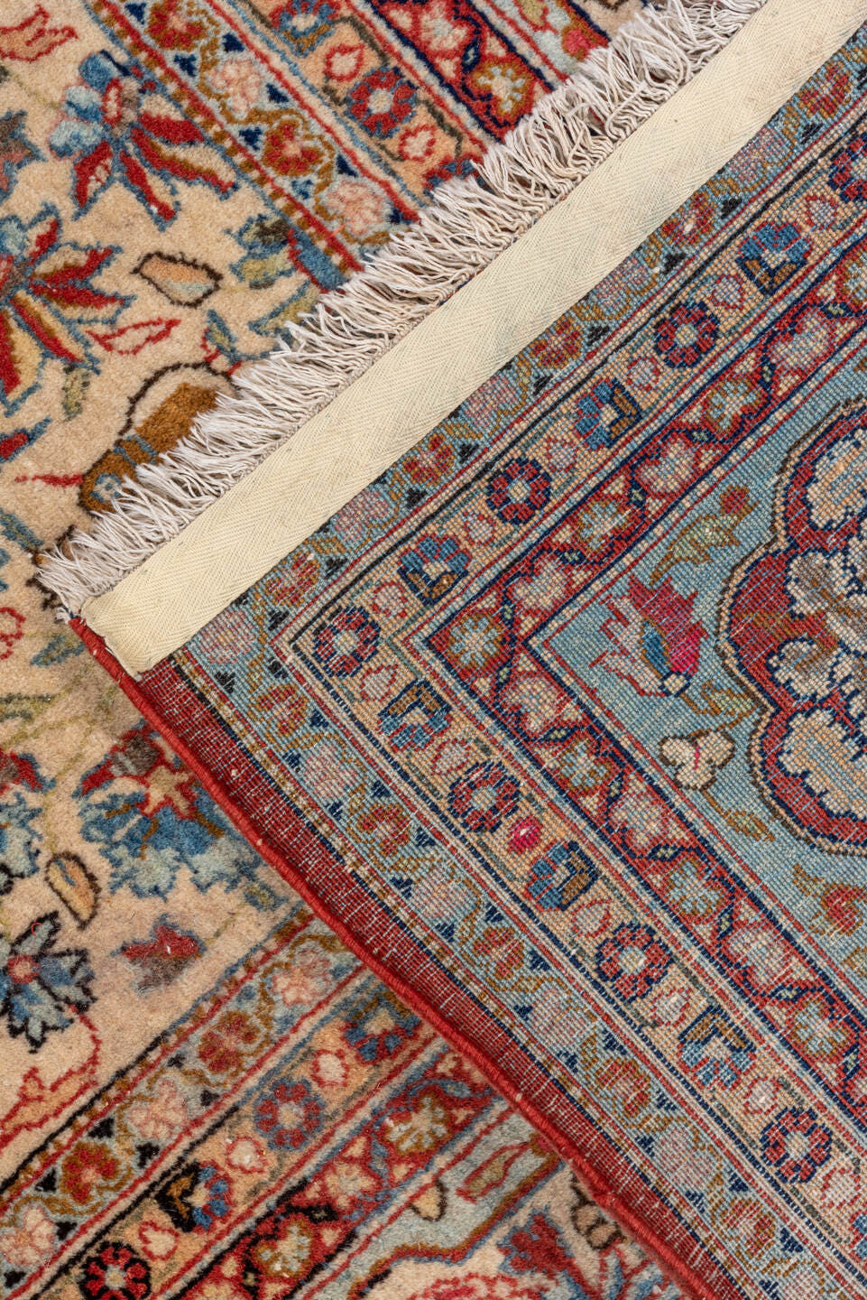 6' x 10' one-of-a-kind handmade vintage large size rug. Color palette: ivory, rose, rust, light blue, taupe, brown, crimson
