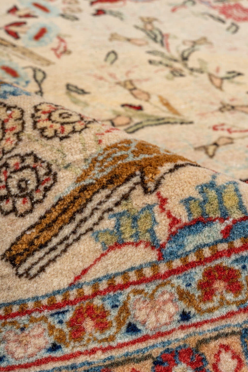 6' x 10' one-of-a-kind handmade vintage large size rug. Color palette: ivory, rose, rust, light blue, taupe, brown, crimson