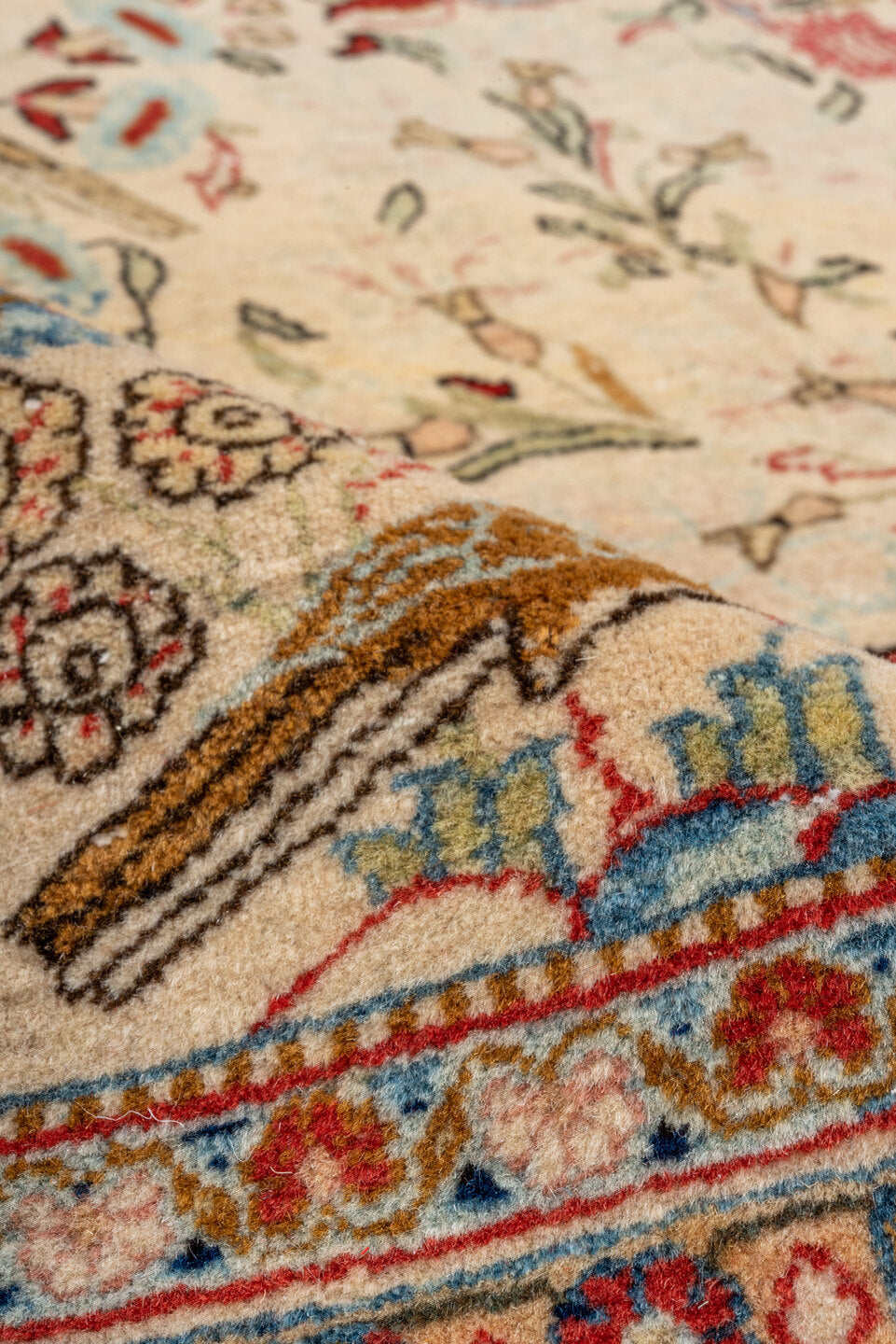 6' x 10' one-of-a-kind handmade vintage large size rug. Color palette: ivory, rose, rust, light blue, taupe, brown, crimson
