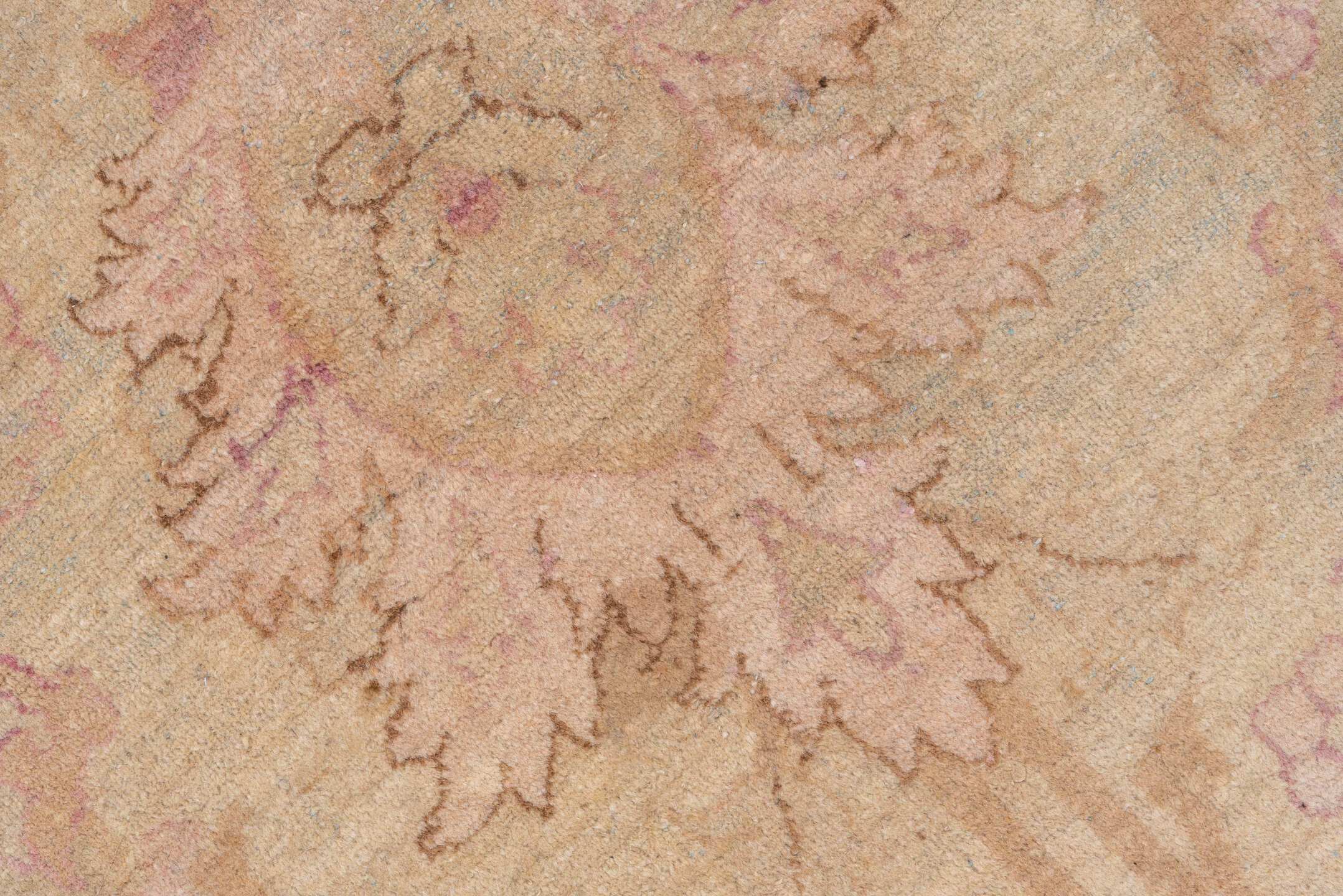 11' x 16' one-of-a-kind handmade vintage Agra oversize rug. Color palette: beige, blush, ivory, taupe, rose, lavender, camel