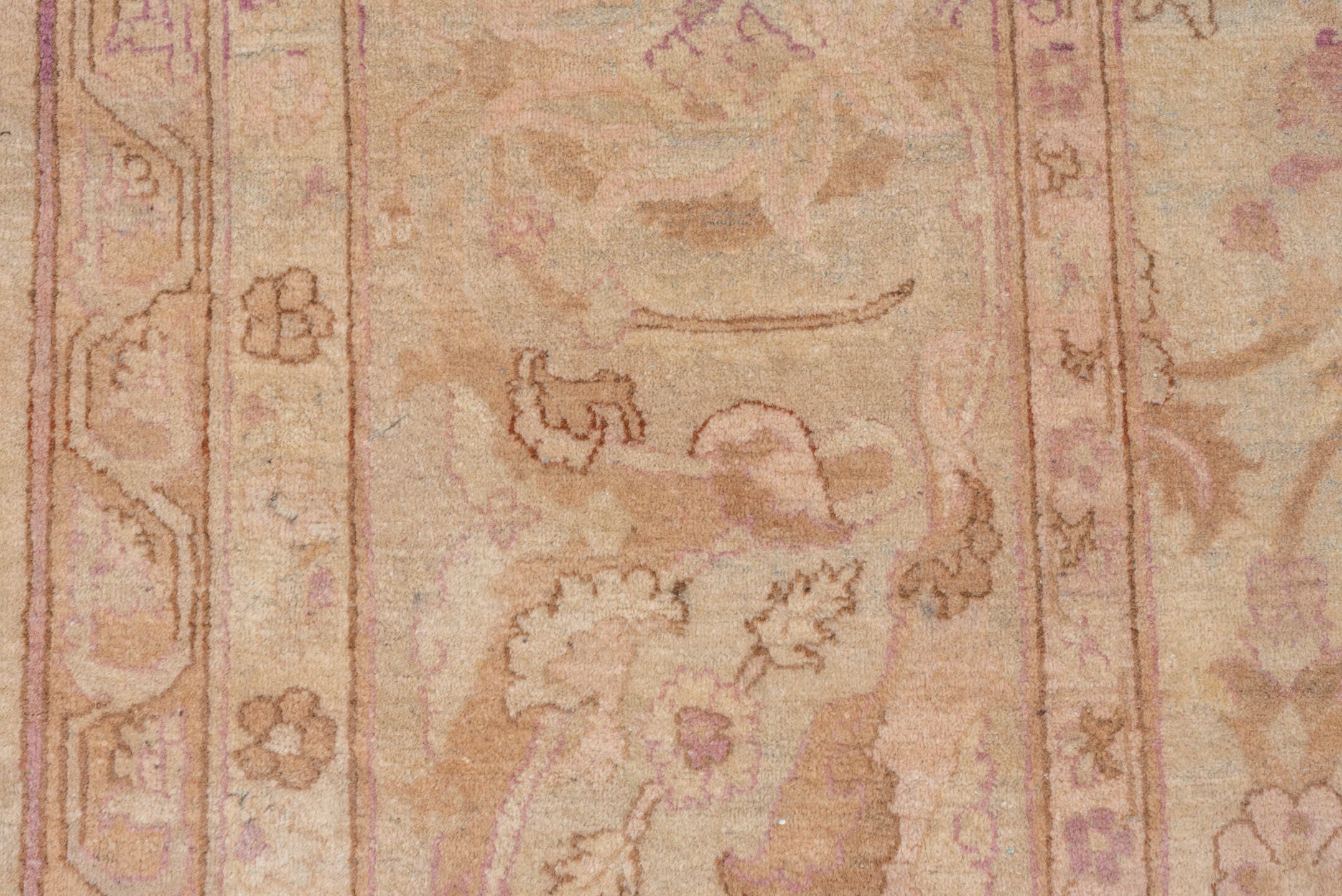 11' x 16' one-of-a-kind handmade vintage Agra oversize rug. Color palette: beige, blush, ivory, taupe, rose, lavender, camel