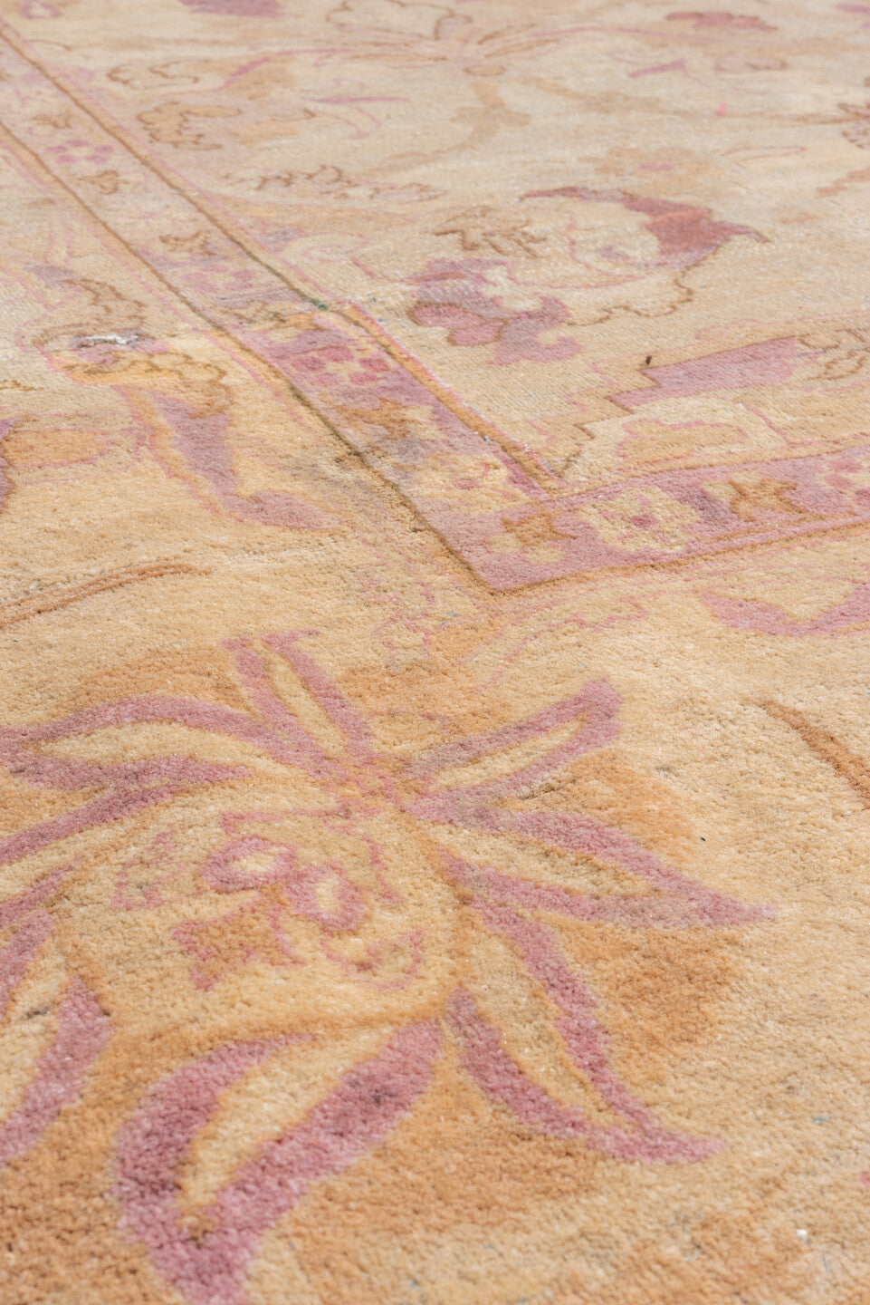 11' x 16' one-of-a-kind handmade vintage Agra oversize rug. Color palette: brown, light gray, off-white, orange, pink, tan