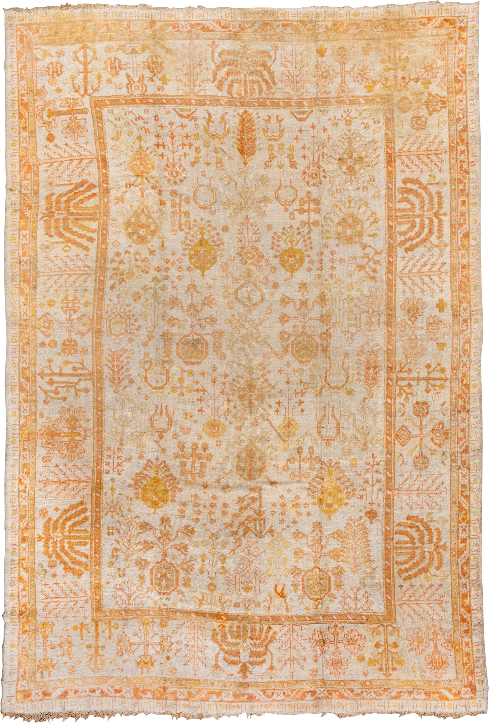 9' x 13' one-of-a-kind handmade vintage Oushak large size rug. Color palette: ivory, apricot, gold, tan, camel, sage