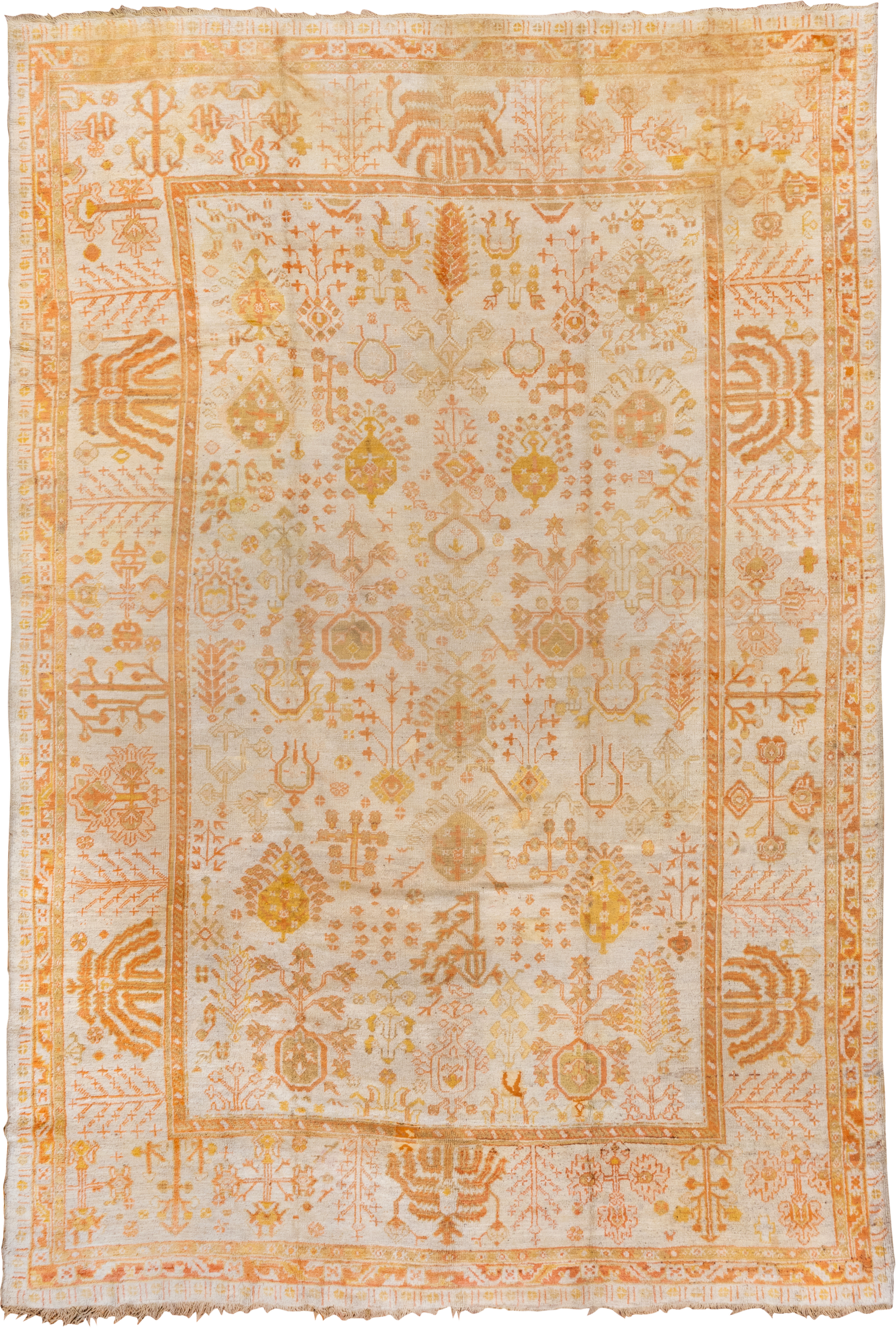 9' x 13' one-of-a-kind handmade vintage Oushak large size rug. Color palette: ivory, apricot, gold, tan, camel, sage