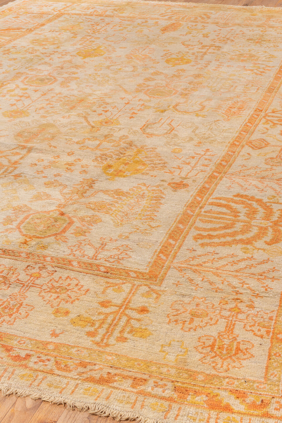 9' x 13' one-of-a-kind handmade vintage Oushak large size rug. Color palette: ivory, apricot, gold, tan, camel, sage