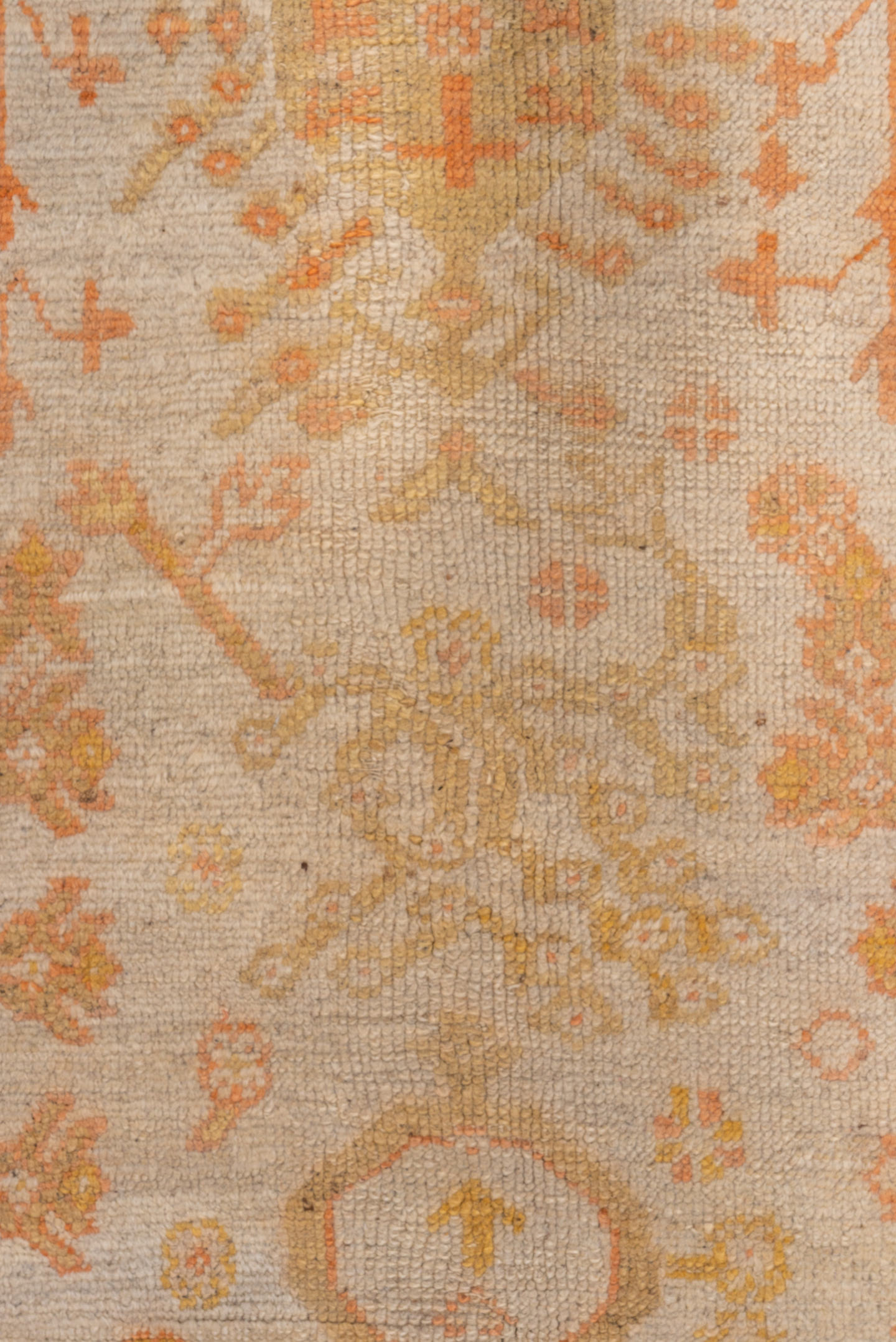 9' x 13' one-of-a-kind handmade vintage Oushak large size rug. Color palette: ivory, apricot, gold, tan, camel, sage