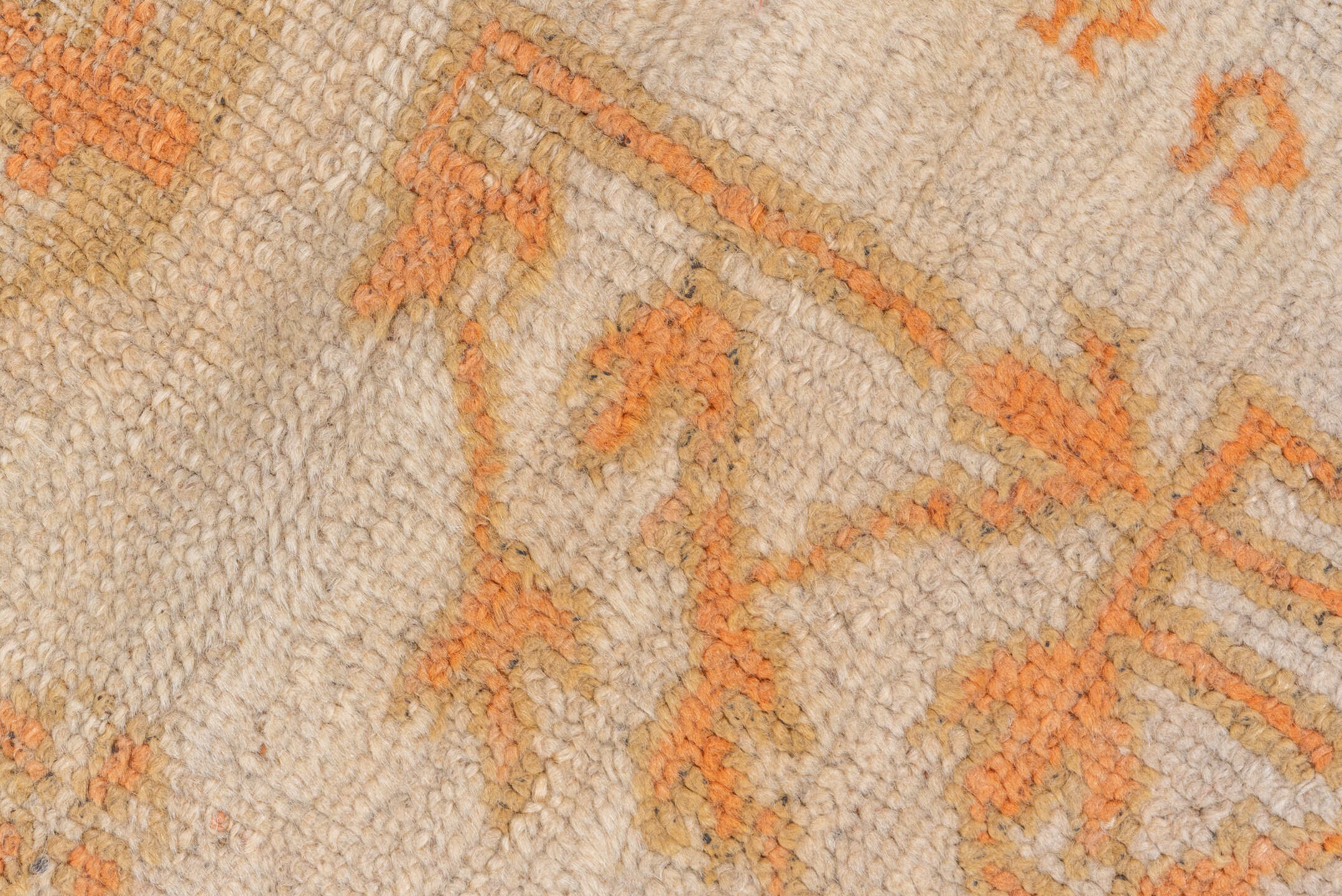 9' x 13' one-of-a-kind handmade vintage Oushak large size rug. Color palette: ivory, apricot, gold, tan, camel, sage