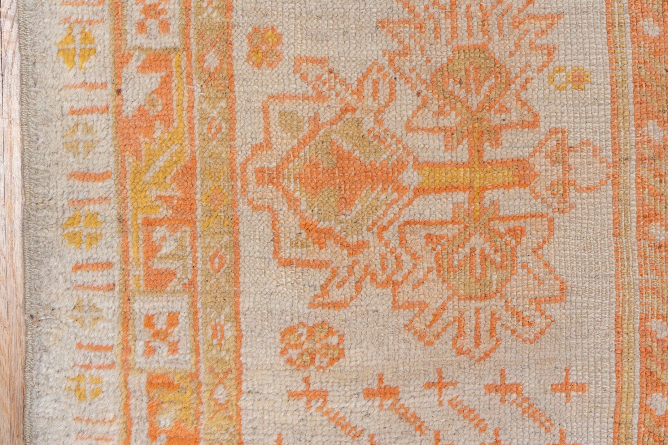 9' x 13' one-of-a-kind handmade vintage Oushak large size rug. Color palette: ivory, apricot, gold, tan, camel, sage