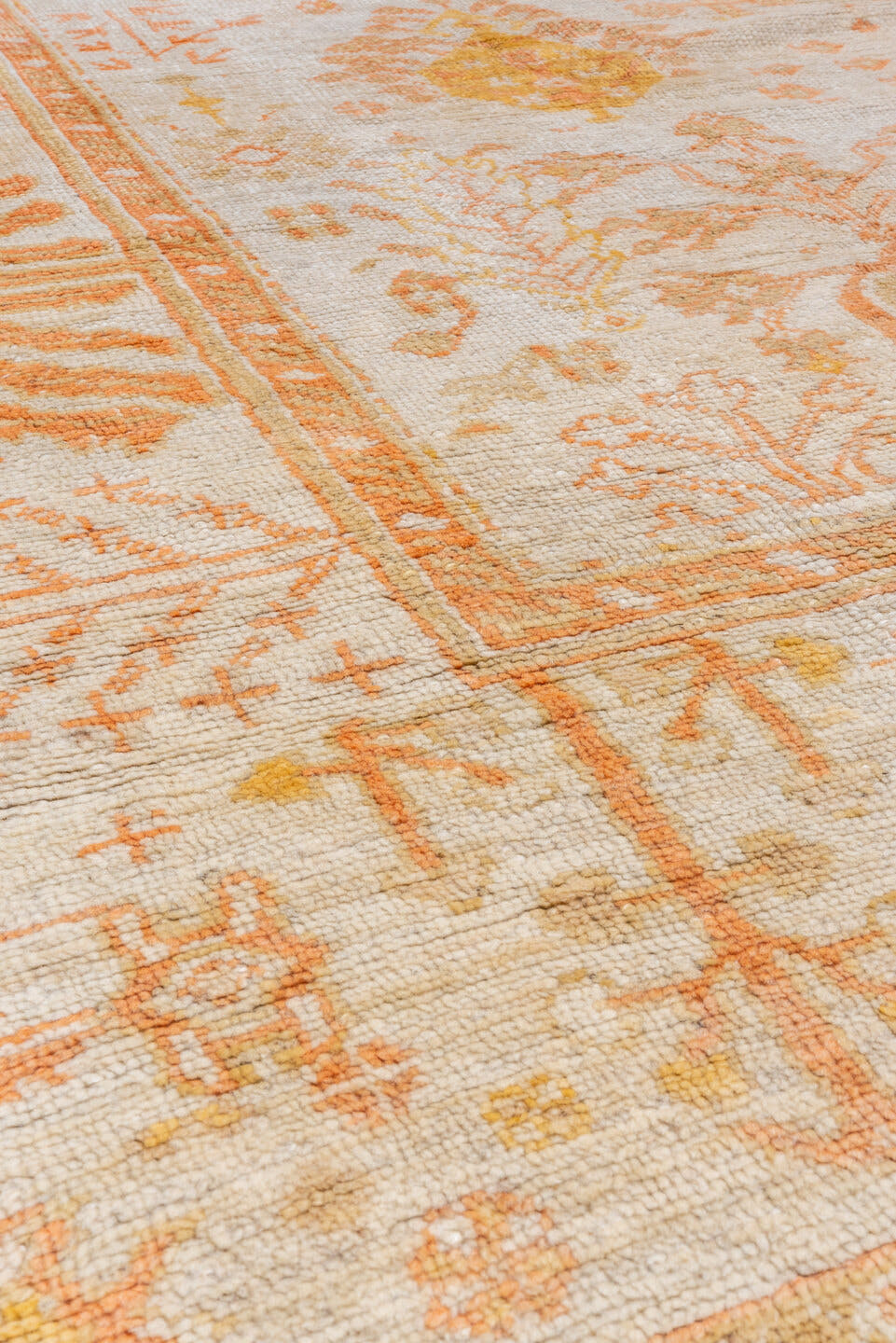 9' x 13' one-of-a-kind handmade vintage Oushak large size rug. Color palette: ivory, apricot, gold, tan, camel, sage
