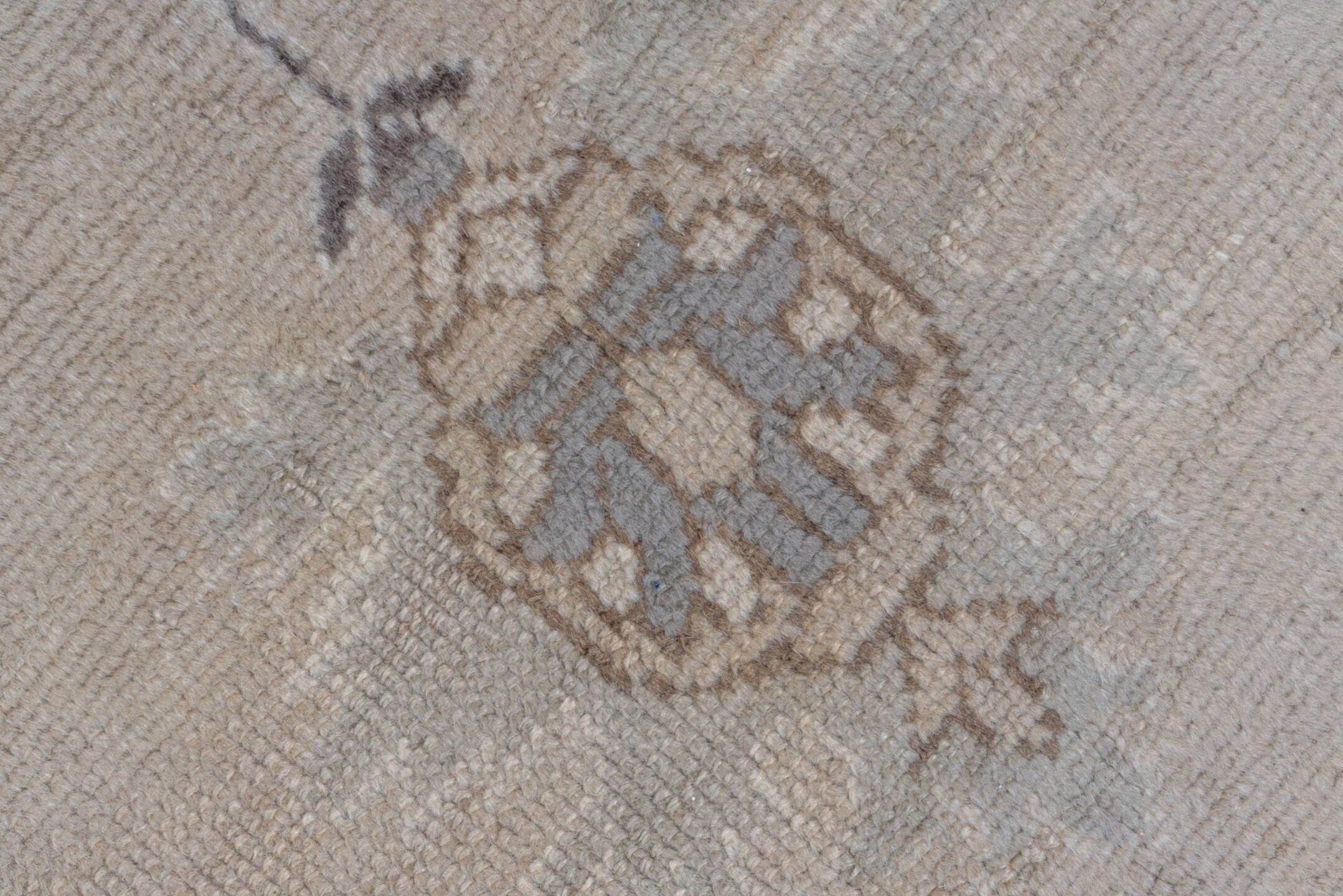 9' x 13' one-of-a-kind handmade vintage Oushak large size rug. Color palette: ivory, powder_blue, taupe, brown, gray