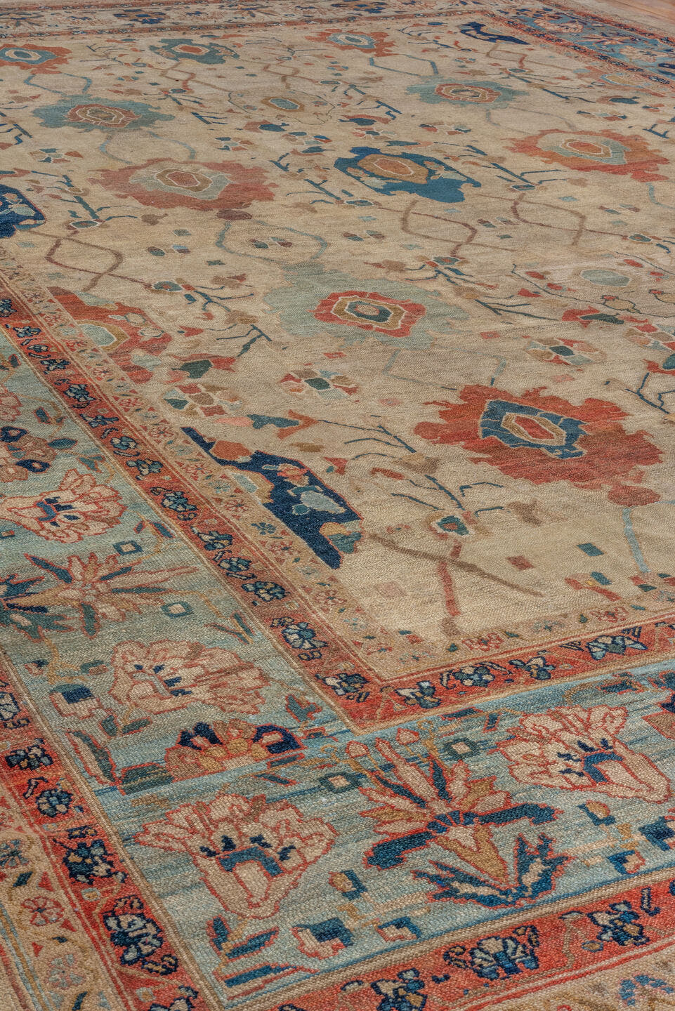 12' x 17' one-of-a-kind handmade vintage Bibikabad oversize rug. Color palette: ivory, sky_blue, rust, teal, navy, camel