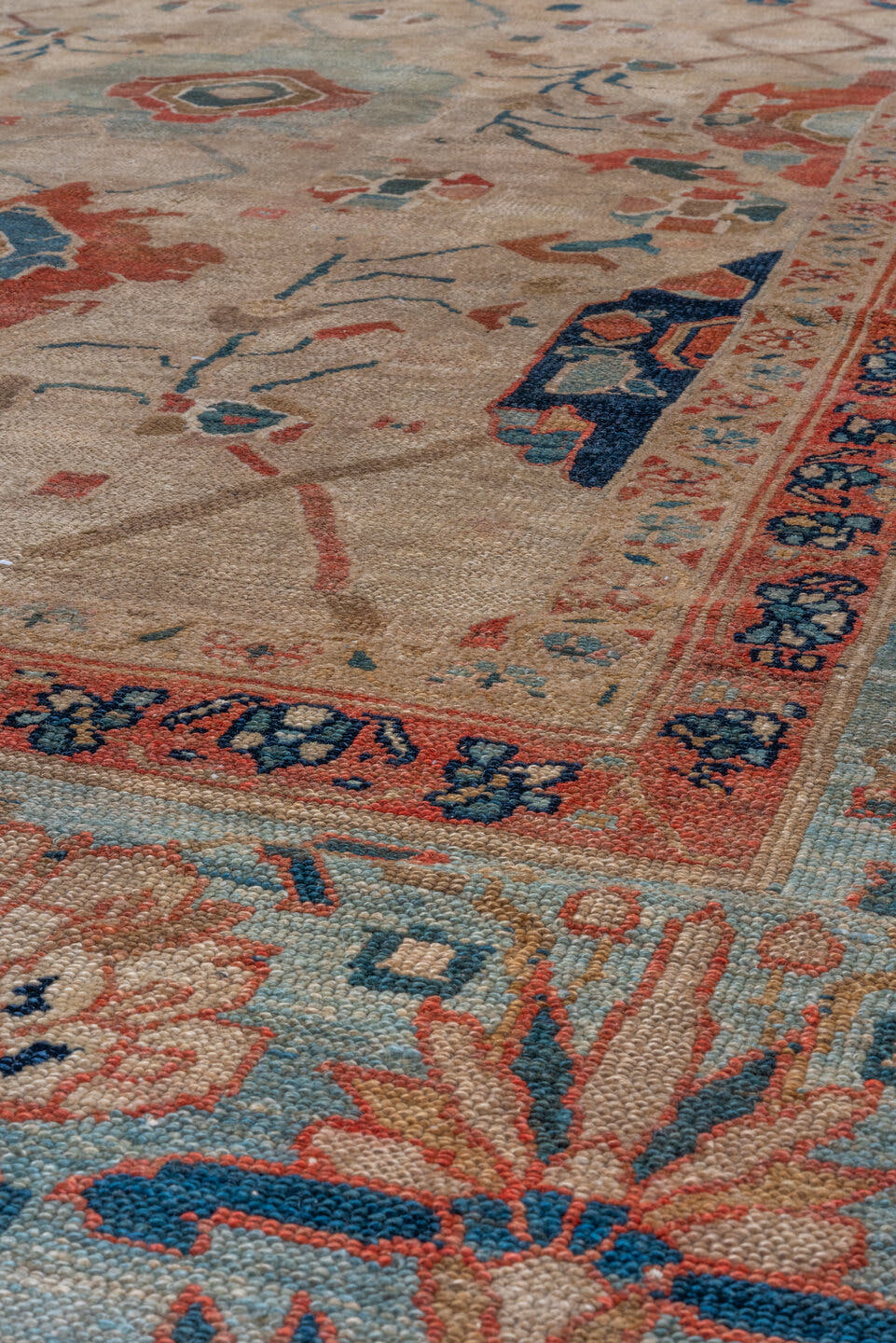 12' x 17' one-of-a-kind handmade vintage Bibikabad oversize rug. Color palette: ivory, sky_blue, rust, teal, navy, camel