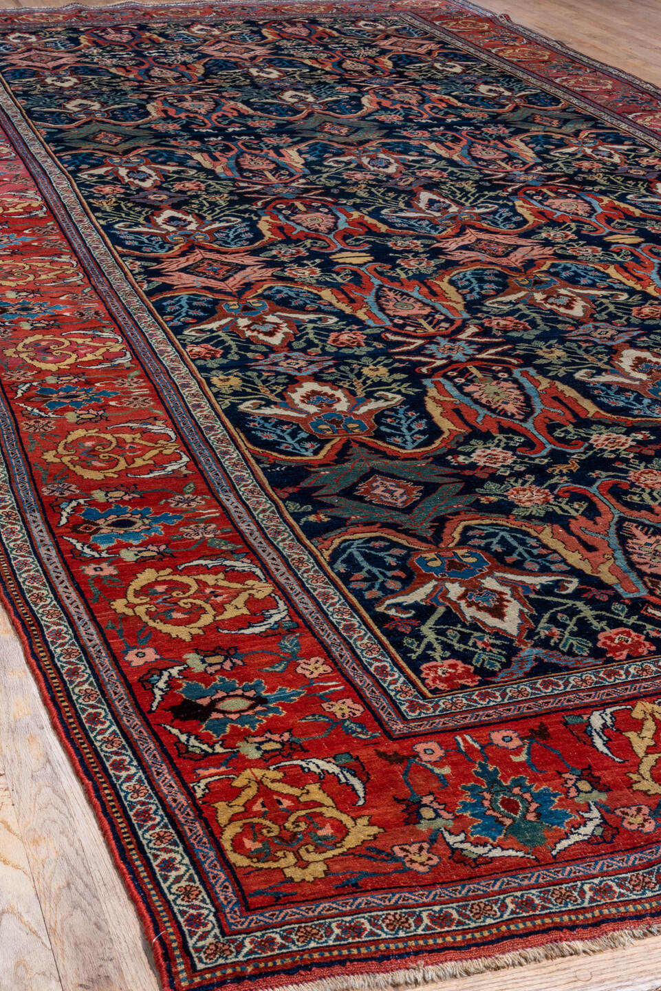 7' x 17' one-of-a-kind handmade vintage Bidjar rug. Color palette: navy, red, rust, ivory, cobalt, coral, sage, pink, blue