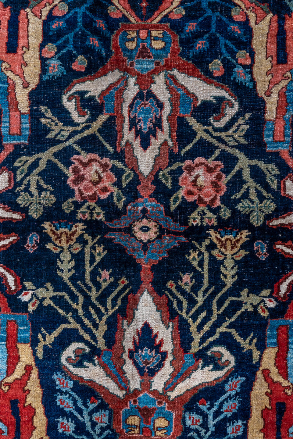 7' x 17' one-of-a-kind handmade vintage Bidjar rug. Color palette: navy, red, rust, ivory, cobalt, coral, sage, pink, blue
