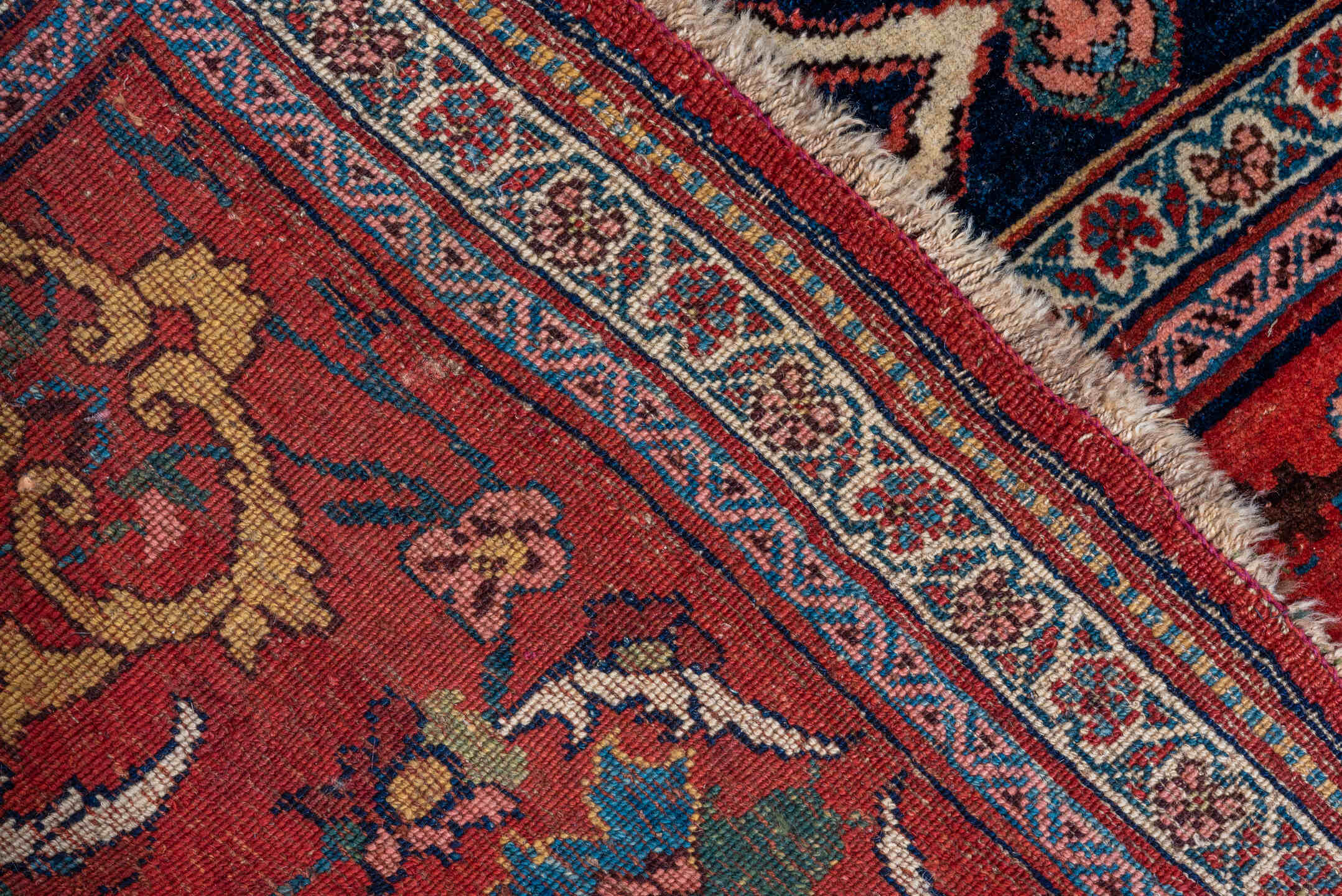 7' x 17' one-of-a-kind handmade vintage Bidjar rug. Color palette: navy, red, rust, ivory, cobalt, coral, sage, pink, blue