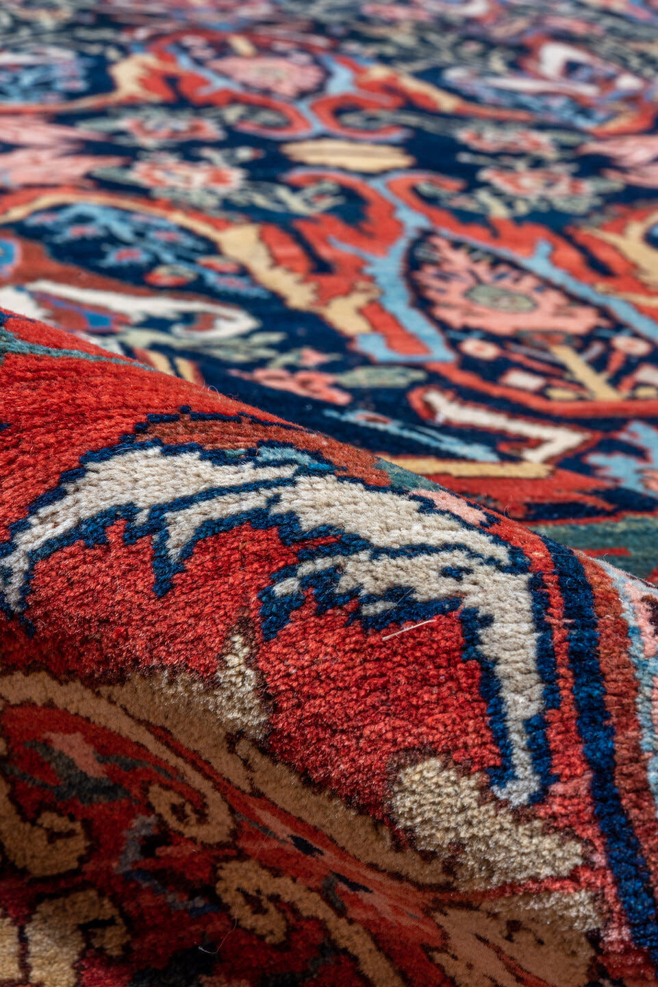 7' x 17' one-of-a-kind handmade vintage Bidjar rug. Color palette: navy, red, rust, ivory, cobalt, coral, sage, pink, blue
