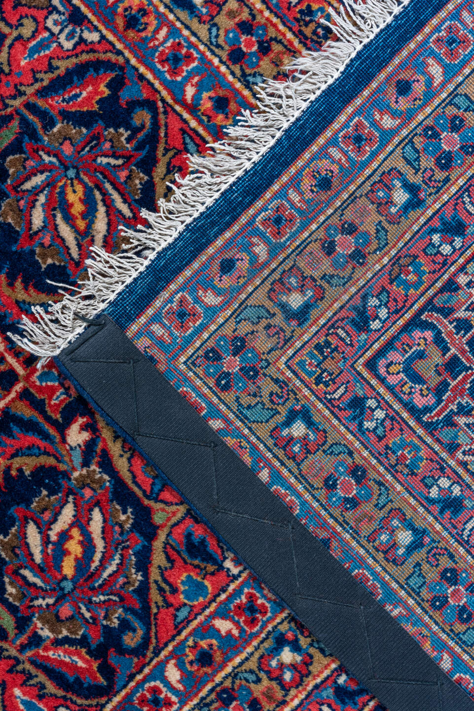 10' x 16' one-of-a-kind handmade vintage Kashan rug. Color palette: red, navy, ivory, rose, burgundy, slate, camel, blue