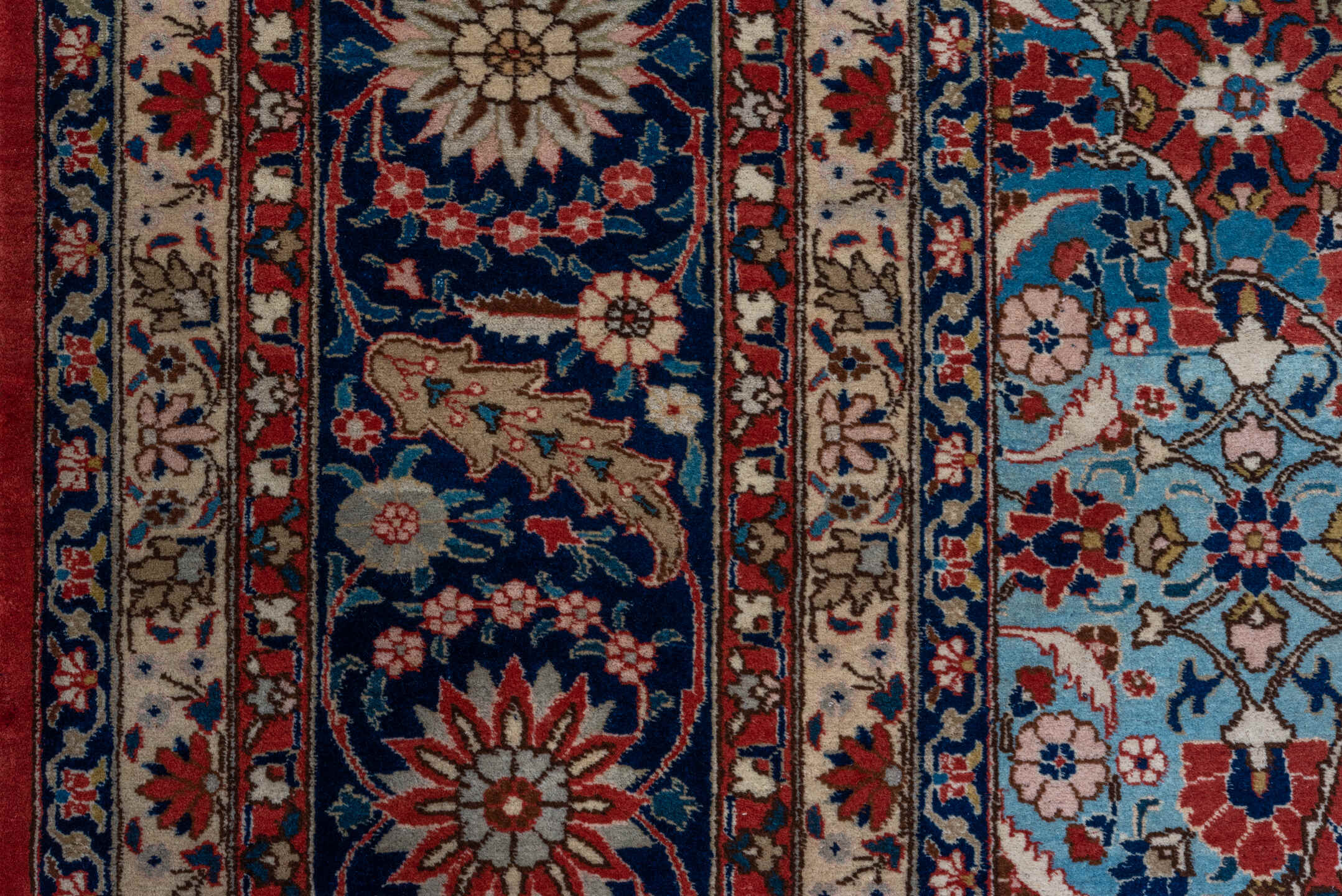 10' x 13' one-of-a-kind handmade vintage Tabriz oversize rug. Color palette: rust, navy, ivory, sky blue, cream, slate blue