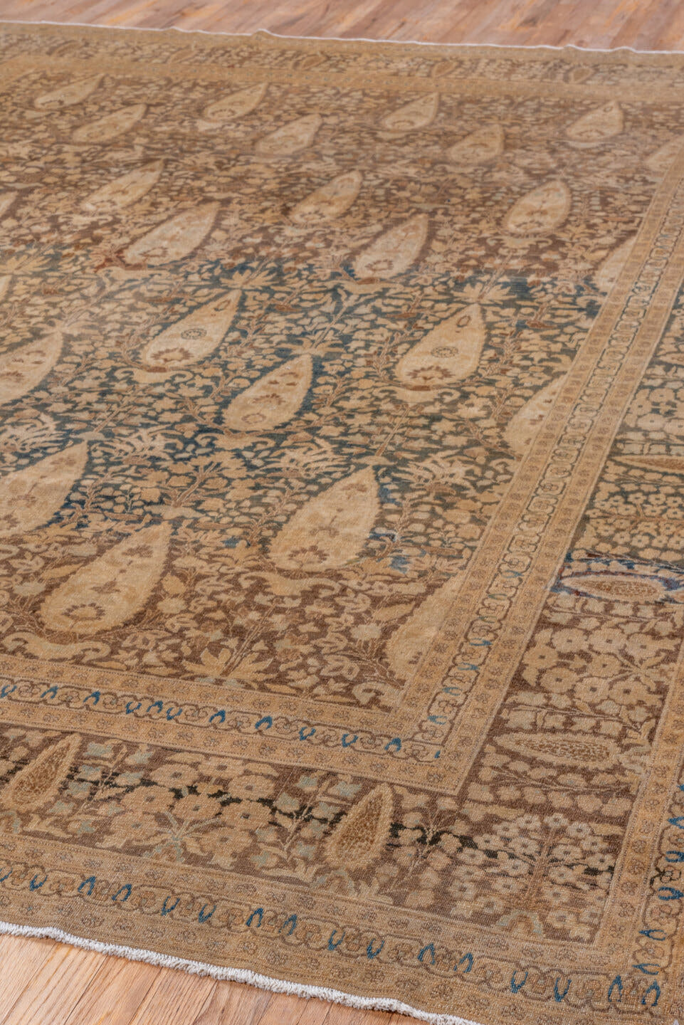 8' x 11' one-of-a-kind handmade vintage Tabriz large size rug. Color palette: taupe, camel, brown, ivory, charcoal