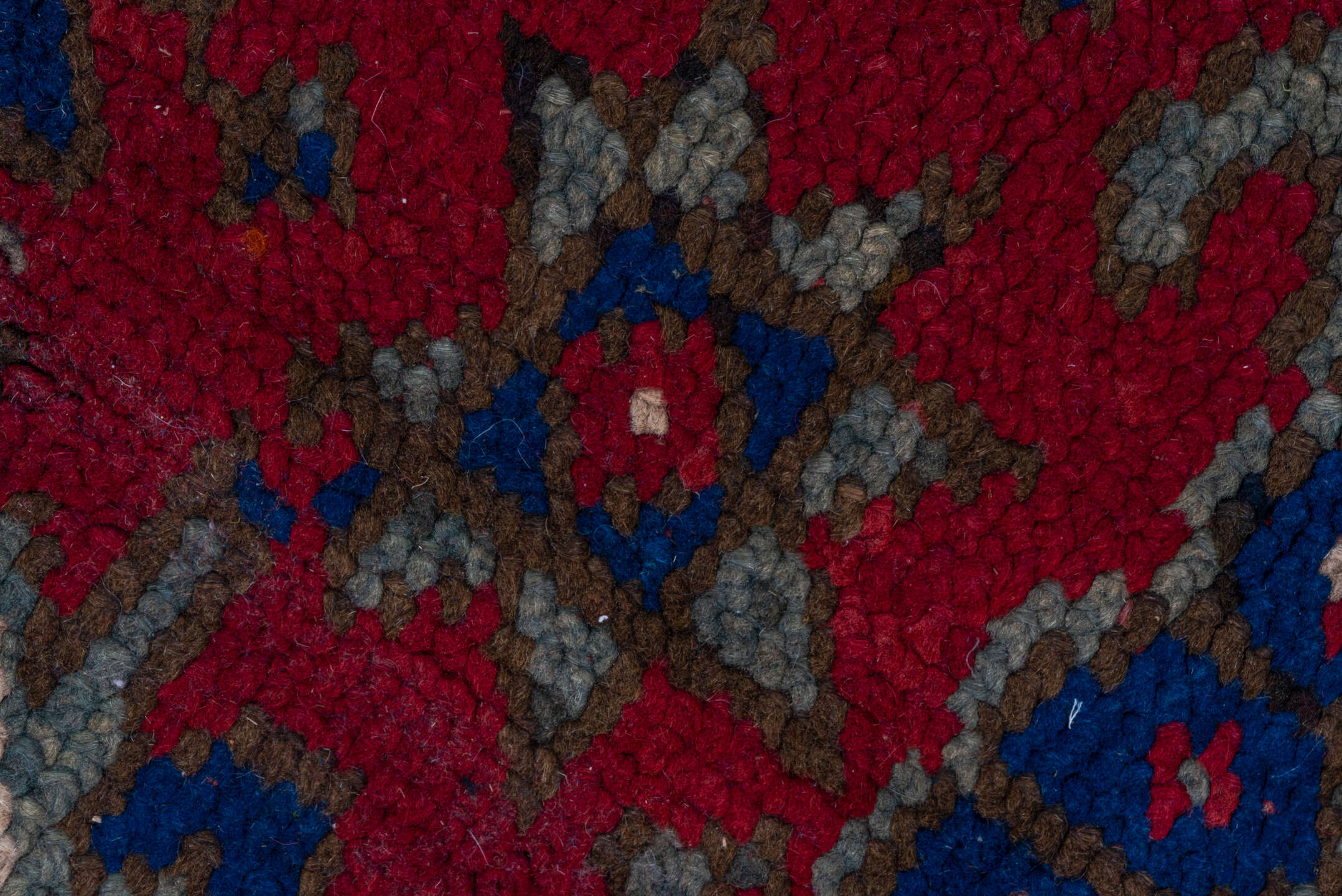 7' x 9' one-of-a-kind handmade vintage Oushak rug. Color palette: red, cobalt, taupe, crimson, brown, ivory, blue, beige