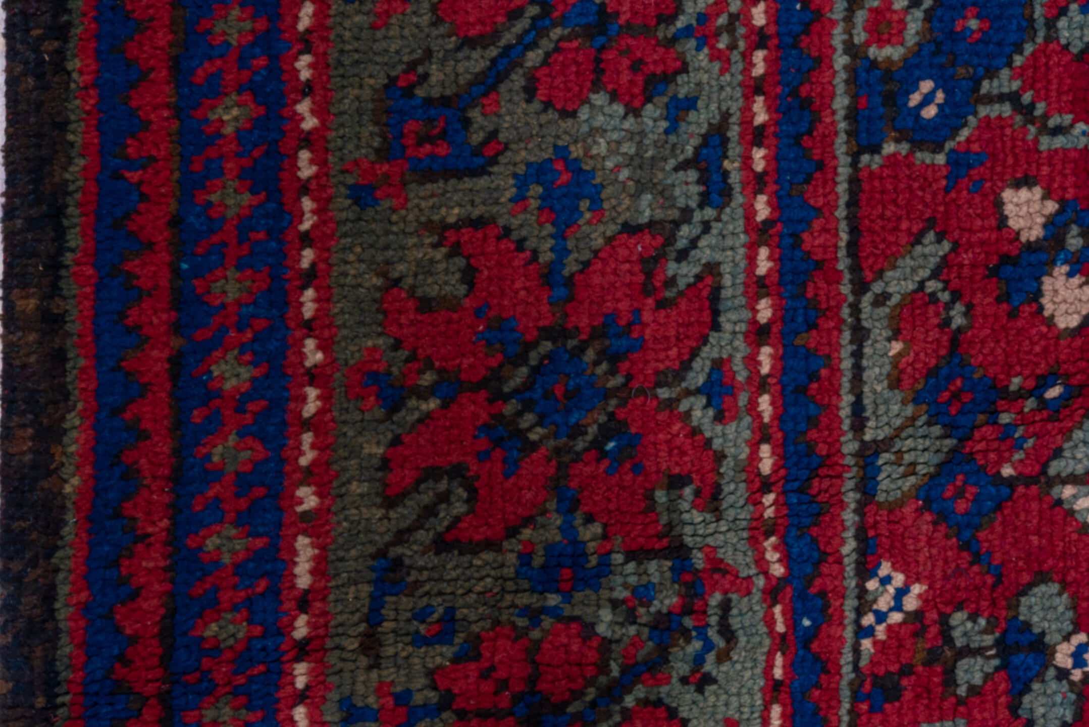 7' x 9' one-of-a-kind handmade vintage Oushak rug. Color palette: red, cobalt, taupe, crimson, brown, ivory, blue, beige