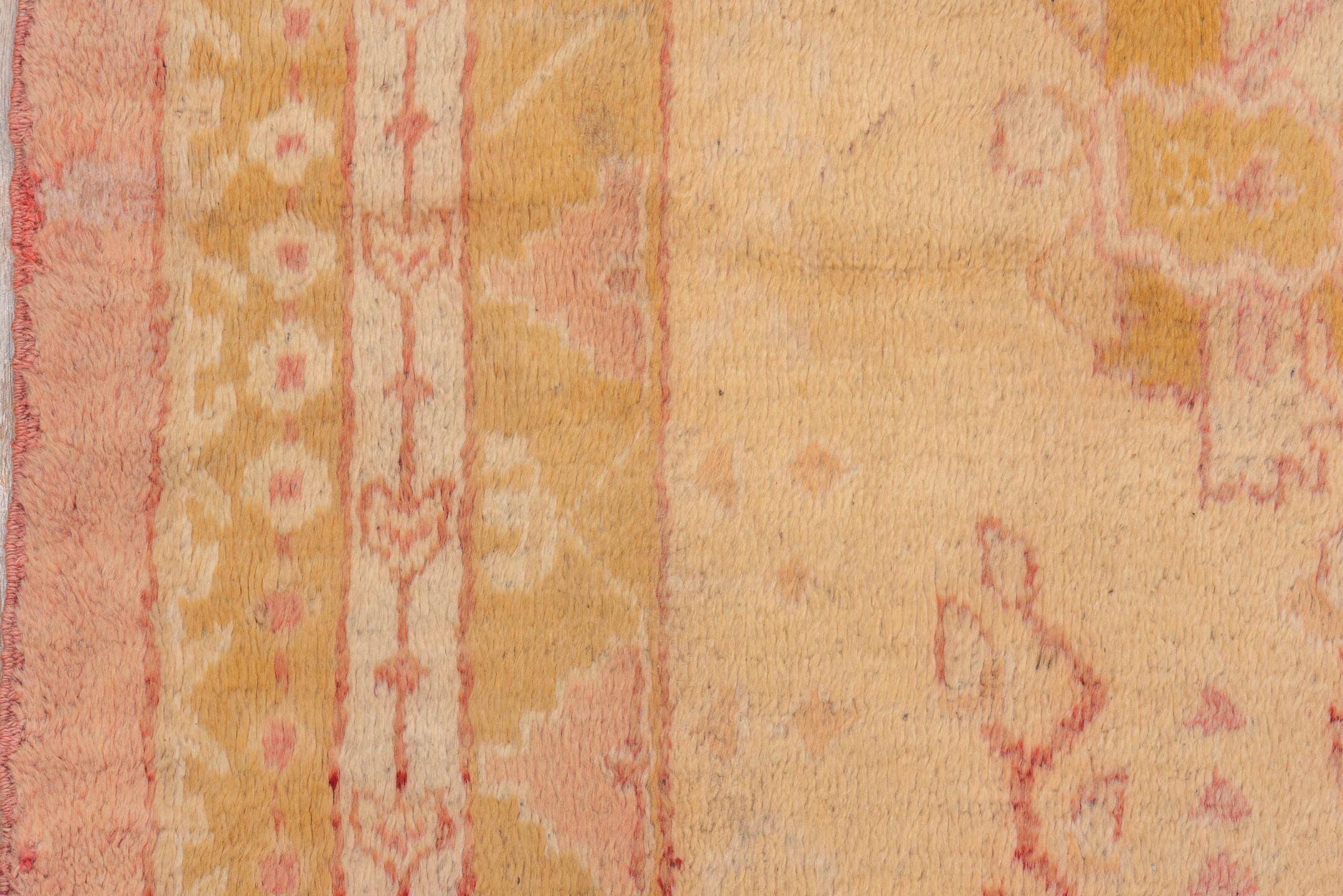 14' x 17' one-of-a-kind handmade vintage Oushak oversize rug. Color palette: blush, ivory, pale gold, rose, peach, camel