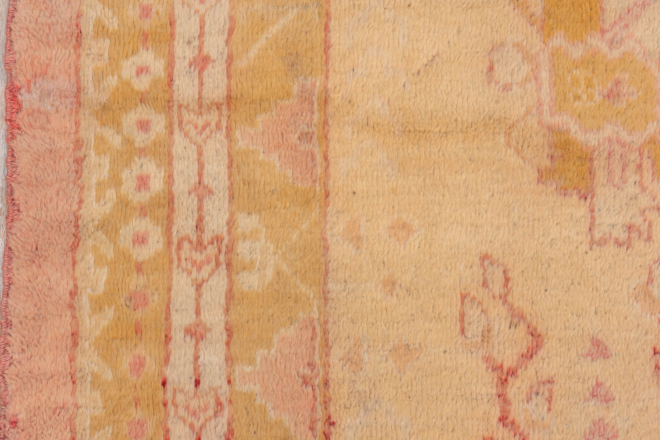 14' x 17' one-of-a-kind handmade vintage Oushak oversize rug. Color palette: blush, ivory, pale gold, rose, peach, camel