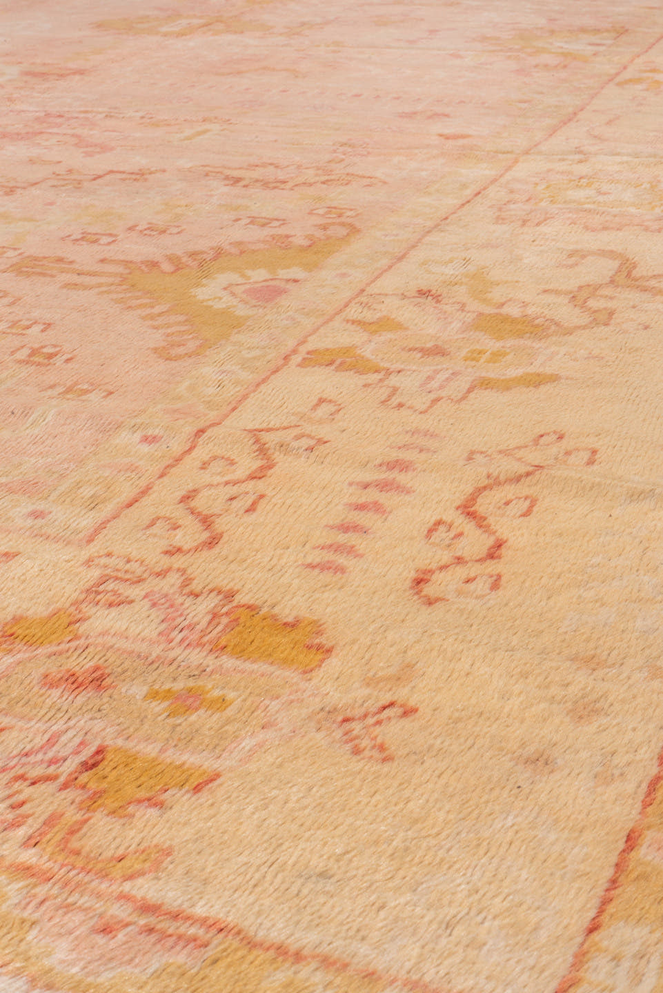 14' x 17' one-of-a-kind handmade vintage Oushak oversize rug. Color palette: blush, ivory, pale gold, rose, peach, camel