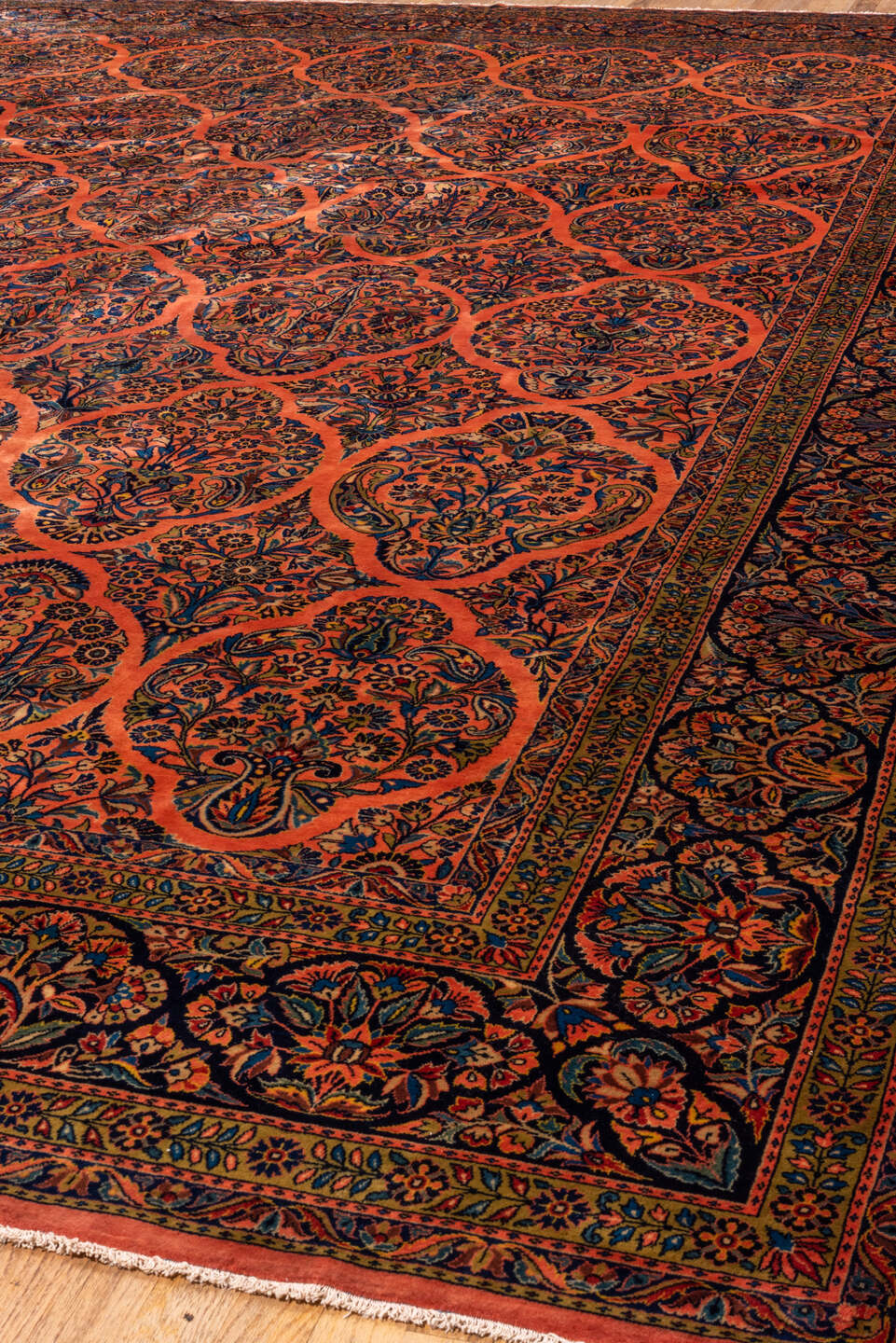 10' x 13' one-of-a-kind handmade vintage Kashan large size rug. Color palette: terra cotta, navy, ivory, cobalt, rust, camel
