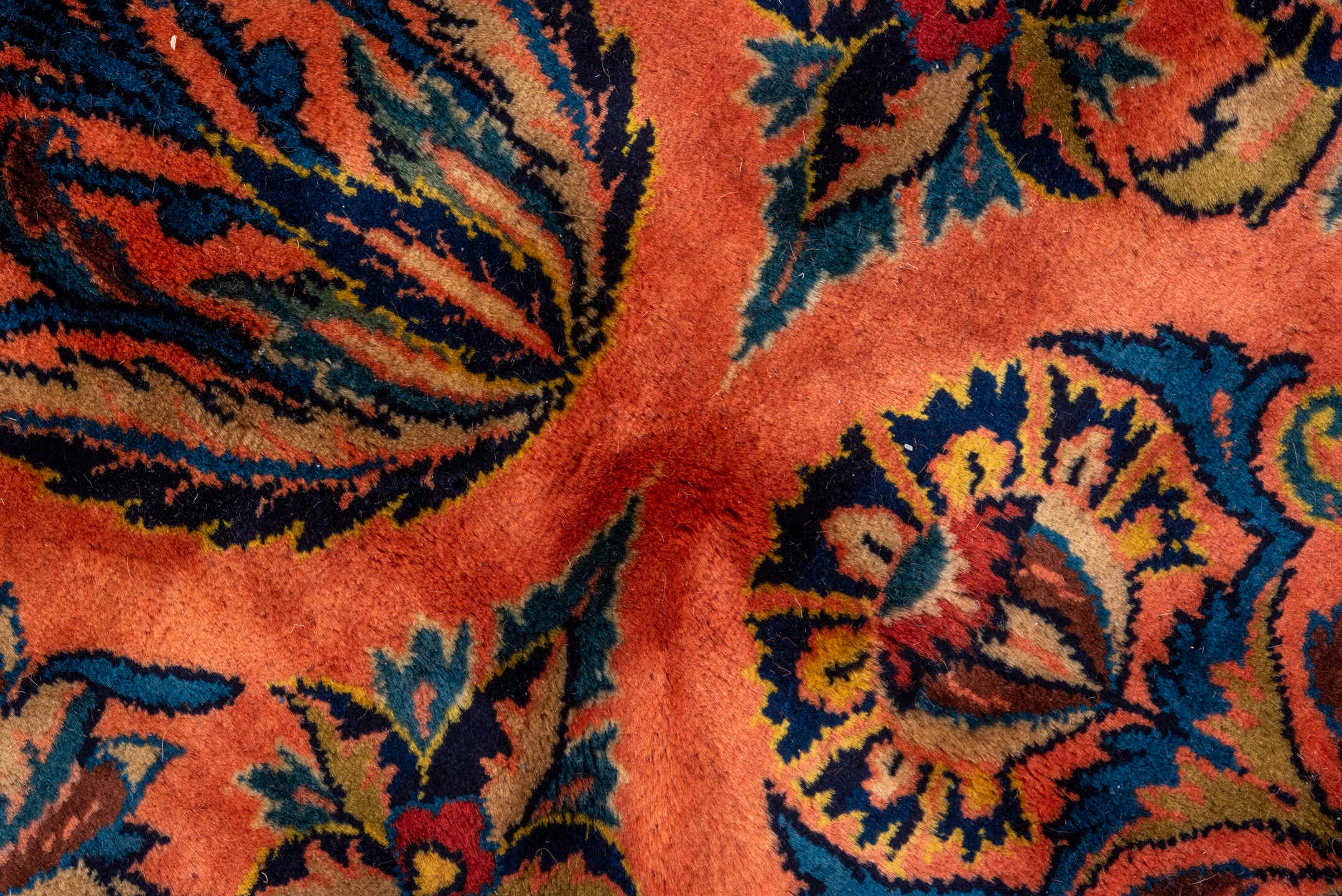 10' x 13' one-of-a-kind handmade vintage Kashan large size rug. Color palette: terra cotta, navy, ivory, cobalt, rust, camel
