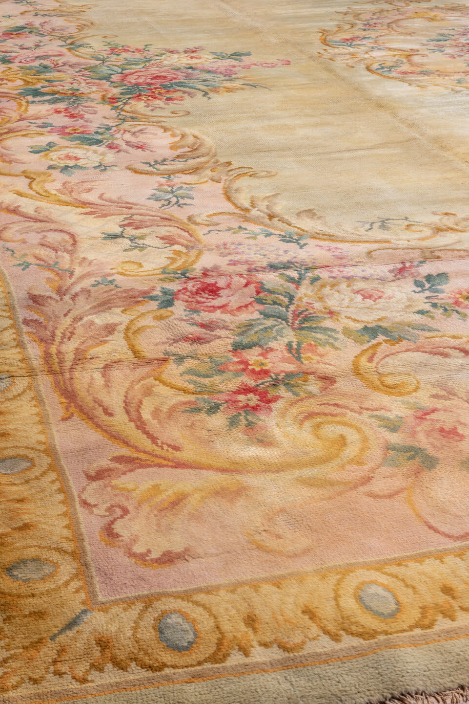 14' x 19' one-of-a-kind handmade vintage Spanish oversize rug. Color palette: ivory, blush, gold, rose, sage, cream, taupe